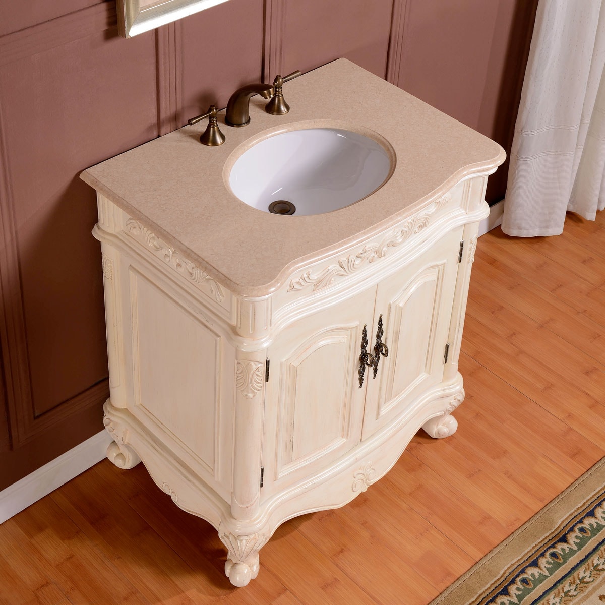 32-in Antique White Undermount Single Sink Bathroom Vanity with Crema Marfil Natural Marble Top in Off-White | - Silkroad Exclusive ZY-0250-CM-UWC-32