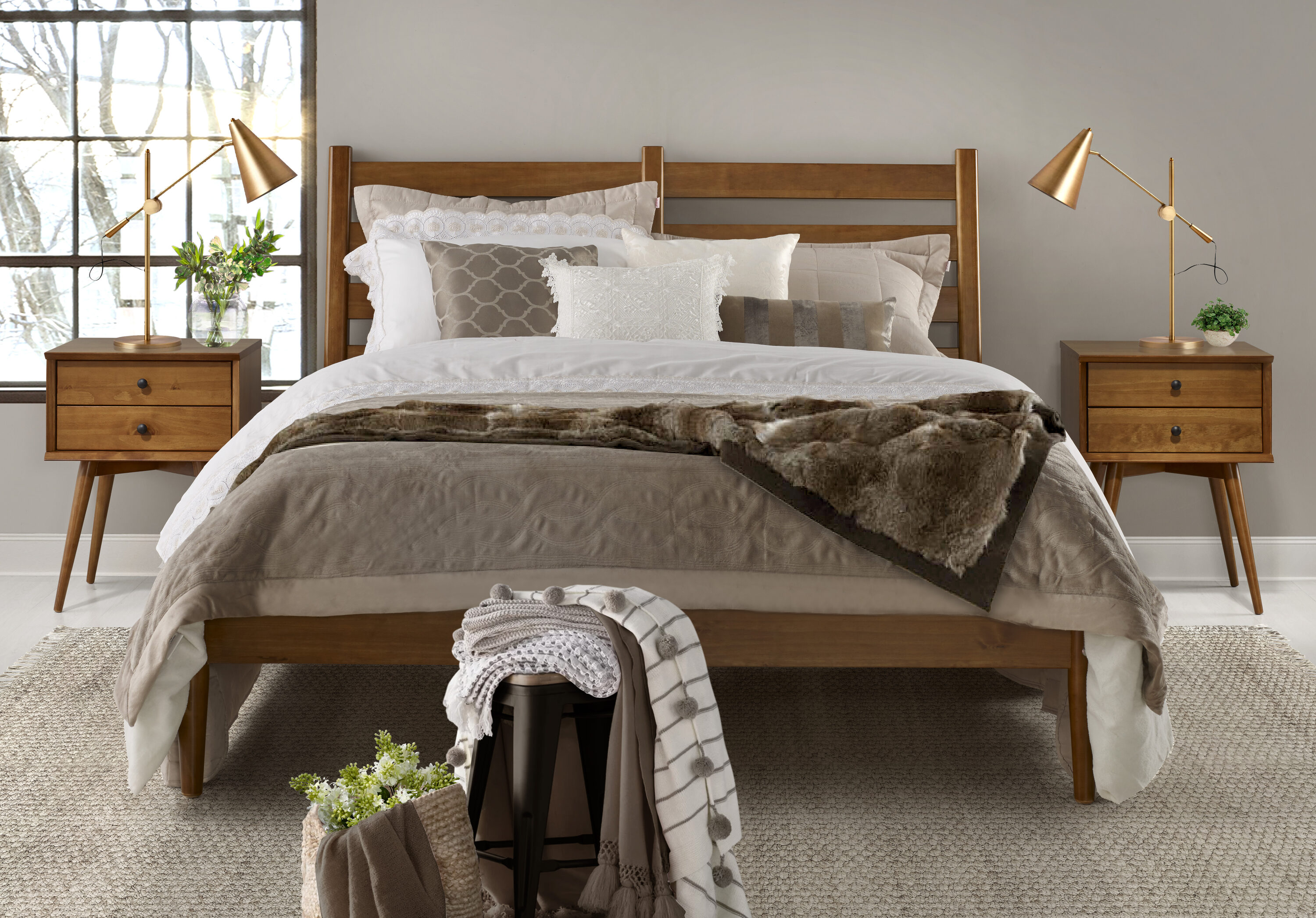 Castanho Pine Wood Queen Platform Bed with Slatted Headboard