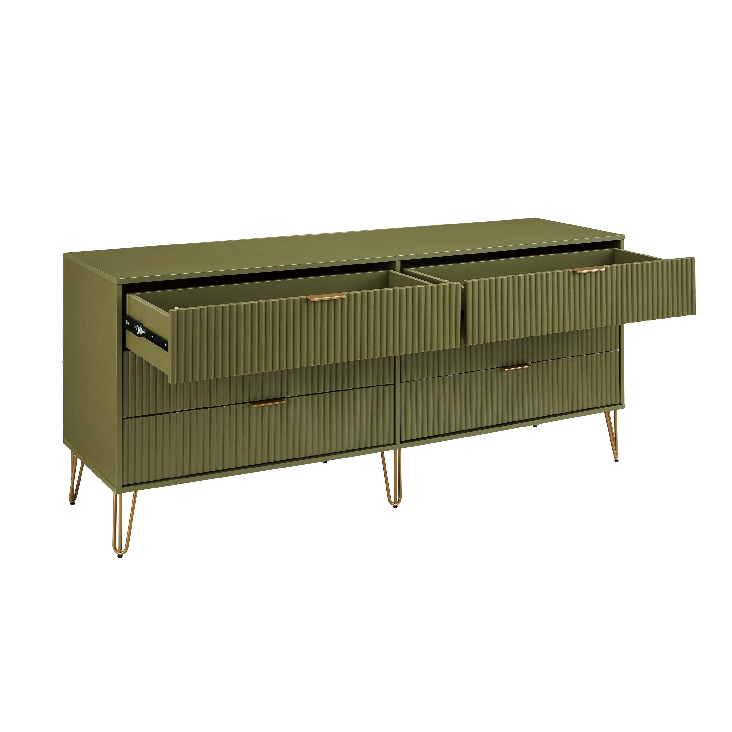 Olive Green Vertical Ribbed 6-Drawer Double Dresser with Soft Close