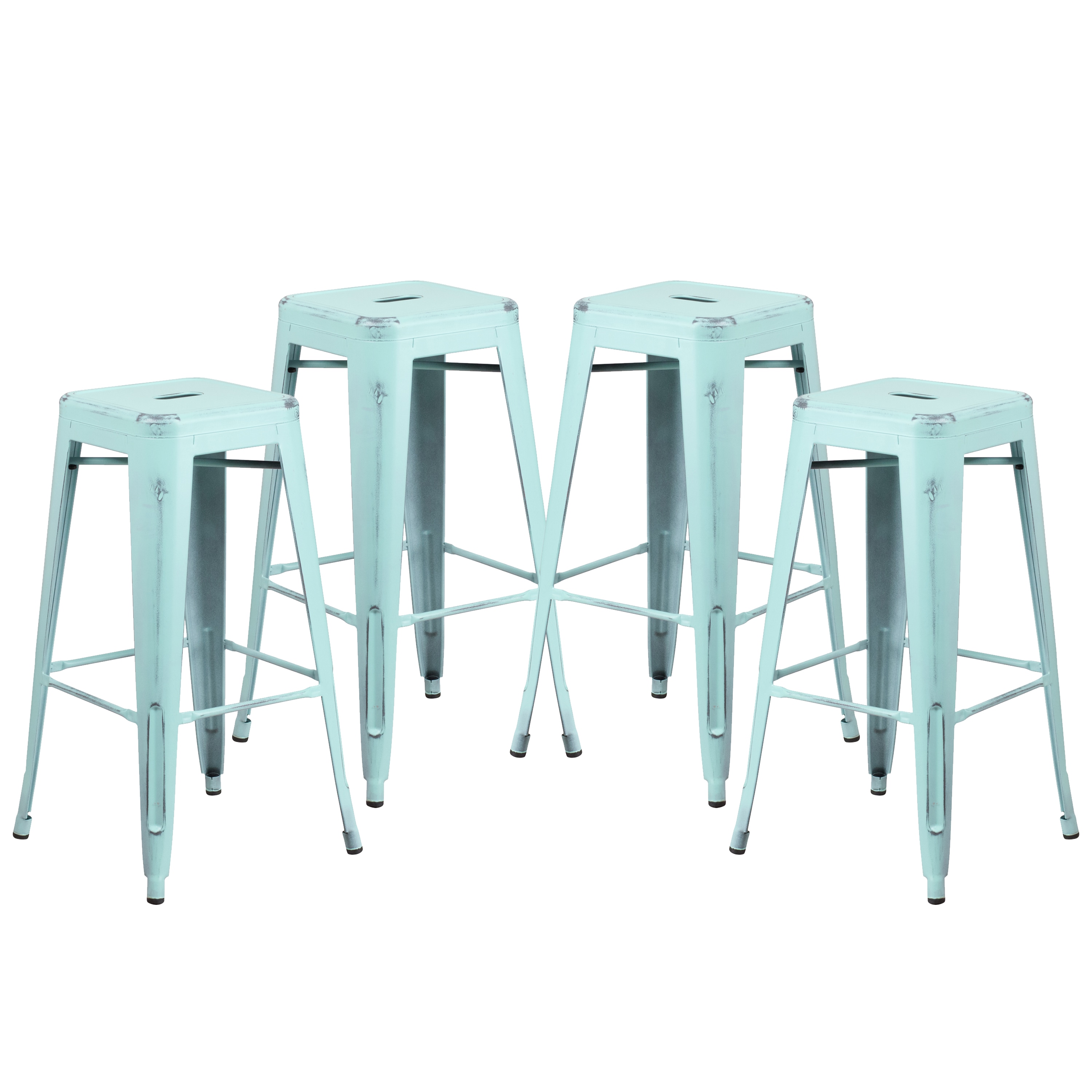 Emma + Oliver - 4 Pack 30-in High Backless Distressed Green-Blue Metal Indoor-Outdoor Barstool