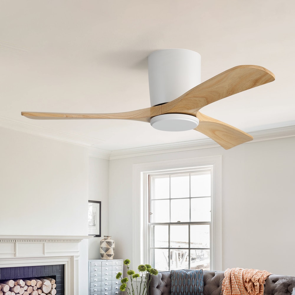 Sofucor 42-in Modern White Flush Mount 3-Solid Wood Blade Ceiling Fan Led Light and Silent Remote Control