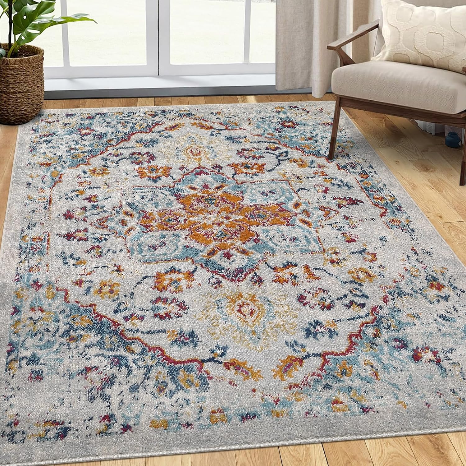 Qeetex LXL-PHO-122TCQ0O Area Rug Vintage Rug Traditional Floral Rugs for Living Room Retro Medallion Accent Carpet Oriental Rugs Bedroom Farmhouse Plush Floor Cover Non-Shedding Accent Floor Carpet Orange