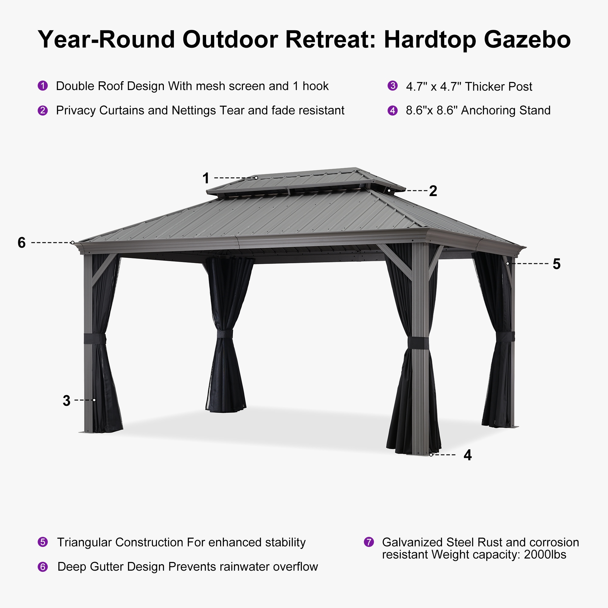 Light Gray 14' x 10' Aluminum Hardtop Gazebo with Curtains