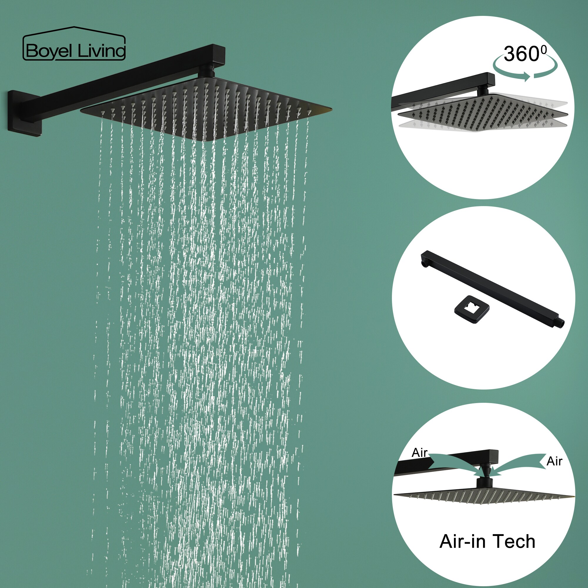 Boyel Living Shower Combo Set Black Dual Head Built-In Shower System ...