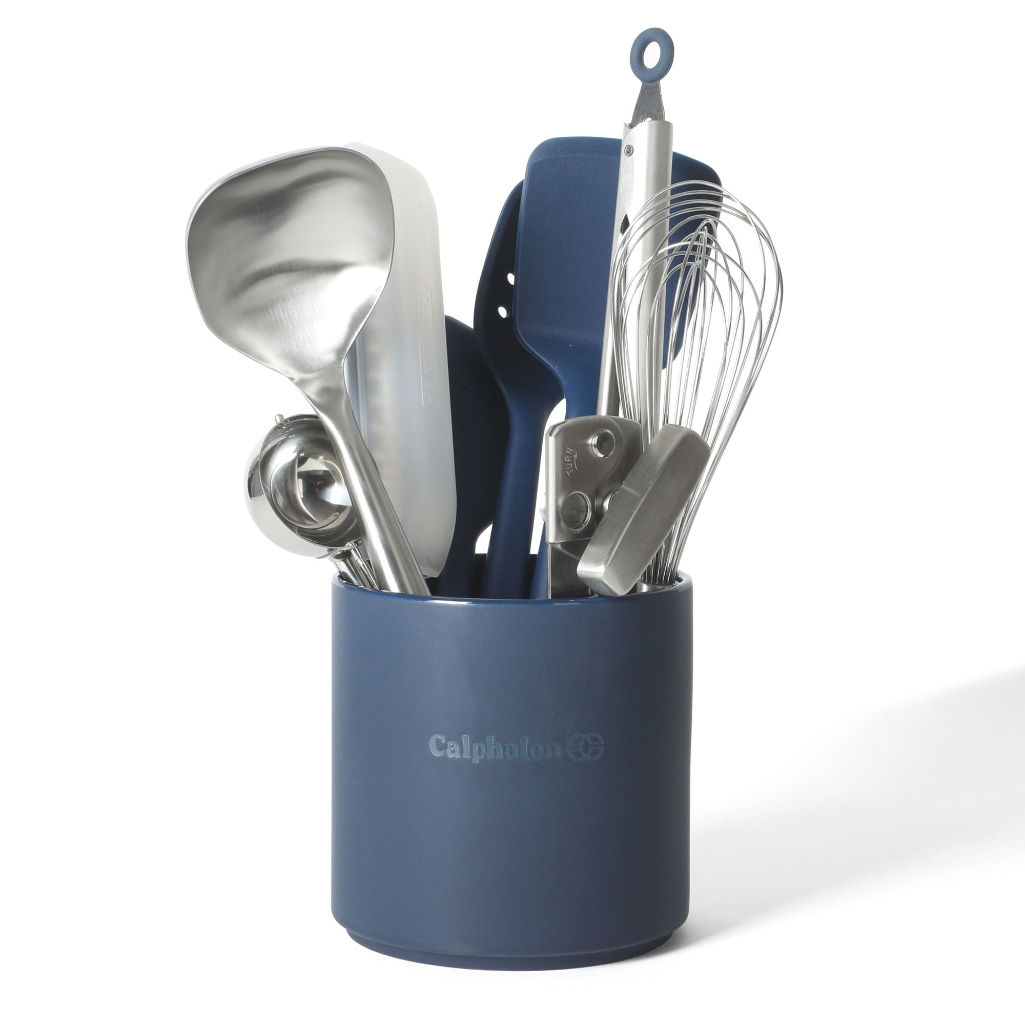 Calphalon  Edge Kitchen Utensil and Gadget Set with Crock 10 Piece Cooking Utensils Navy Stainless Steel and Silicone Tools and Gadget Set