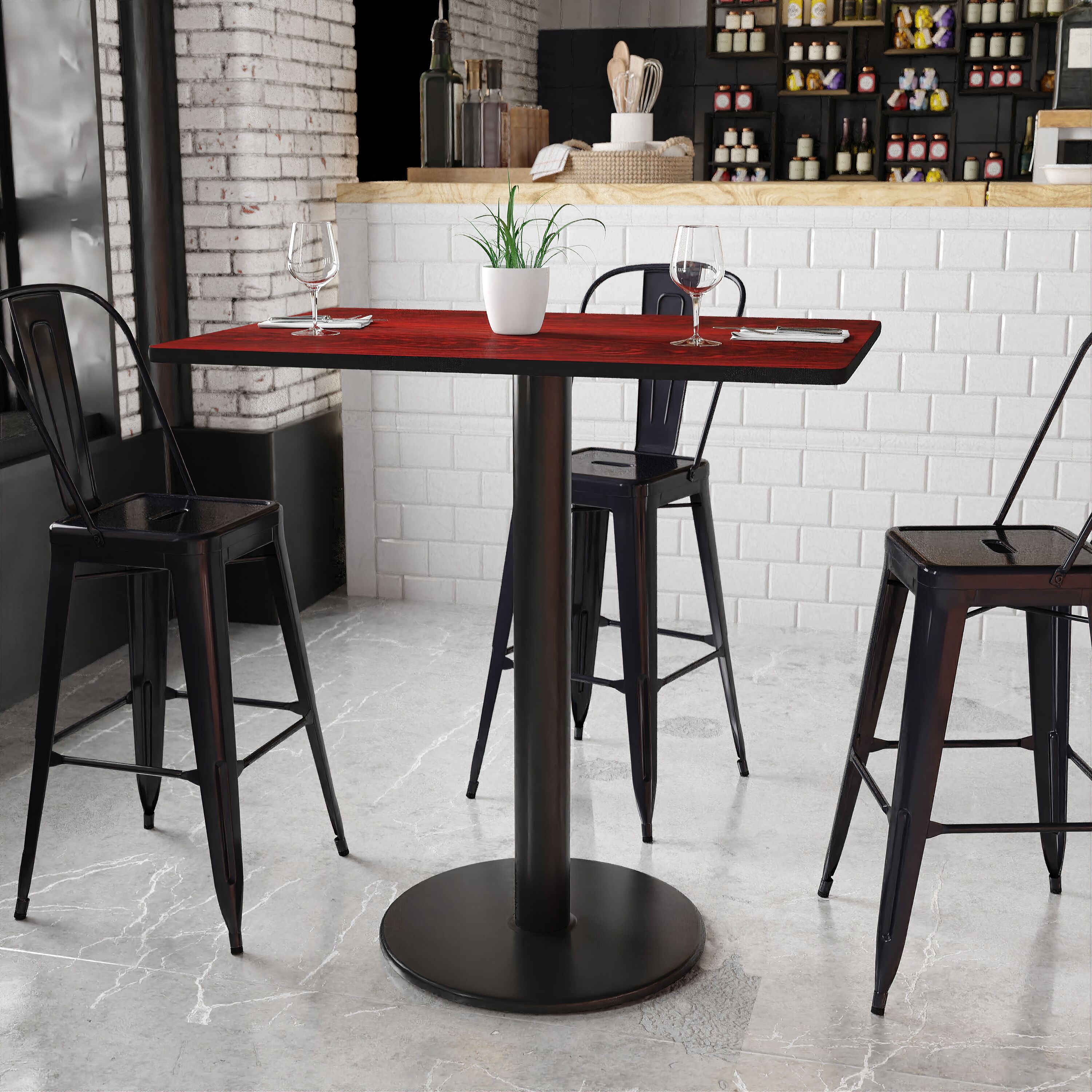 Flash Furniture 889142006183 Mahogany Contemporary/Modern Bar Table, Wood veneer with Black Metal Pedestal Base 42-Inches L x 43.13-Inches H
