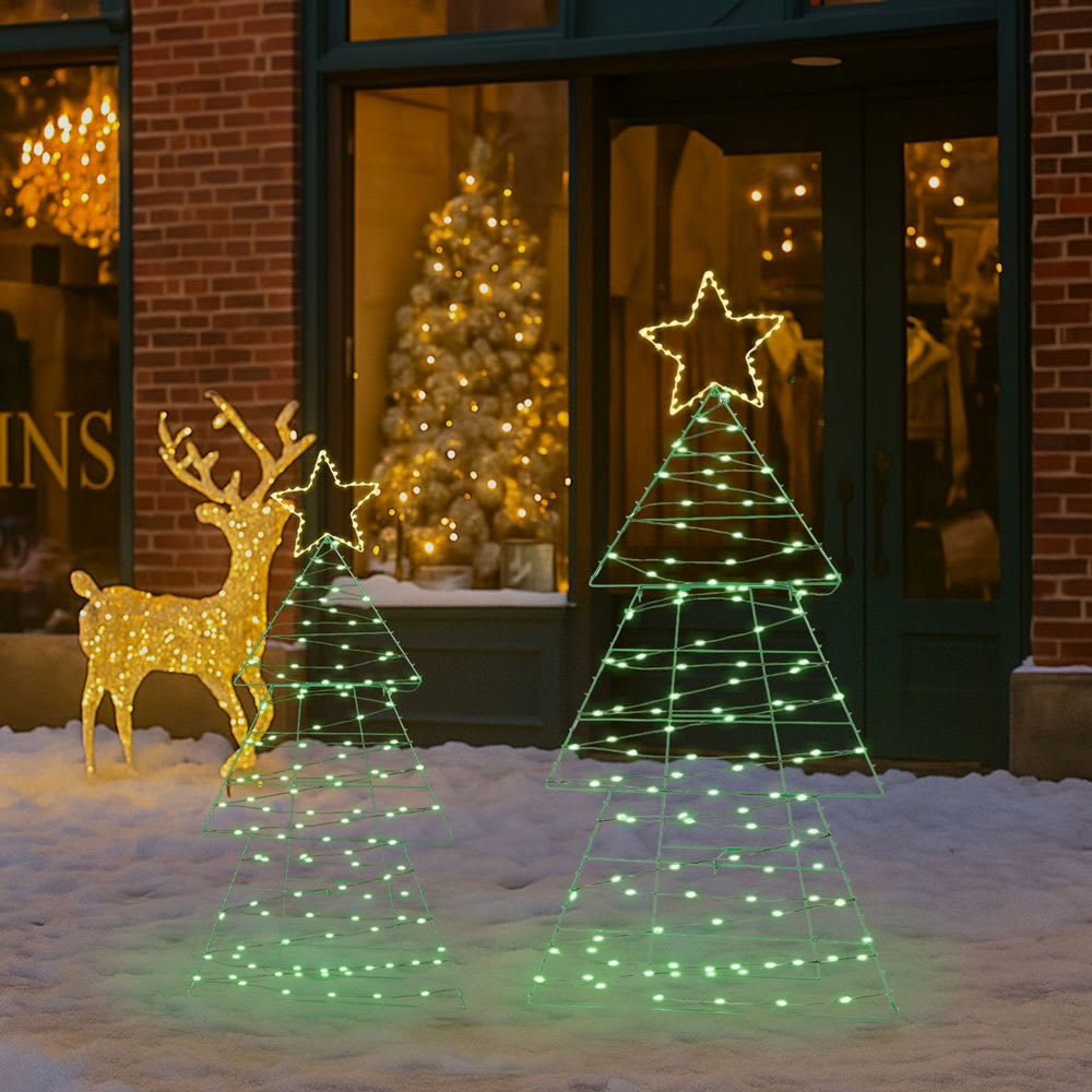CIPACHO  Set of 2 Lighted Metal Christmas Tree Decor - 150 Green Warm White LED Lights (Indoor/Outdoor Xmas)