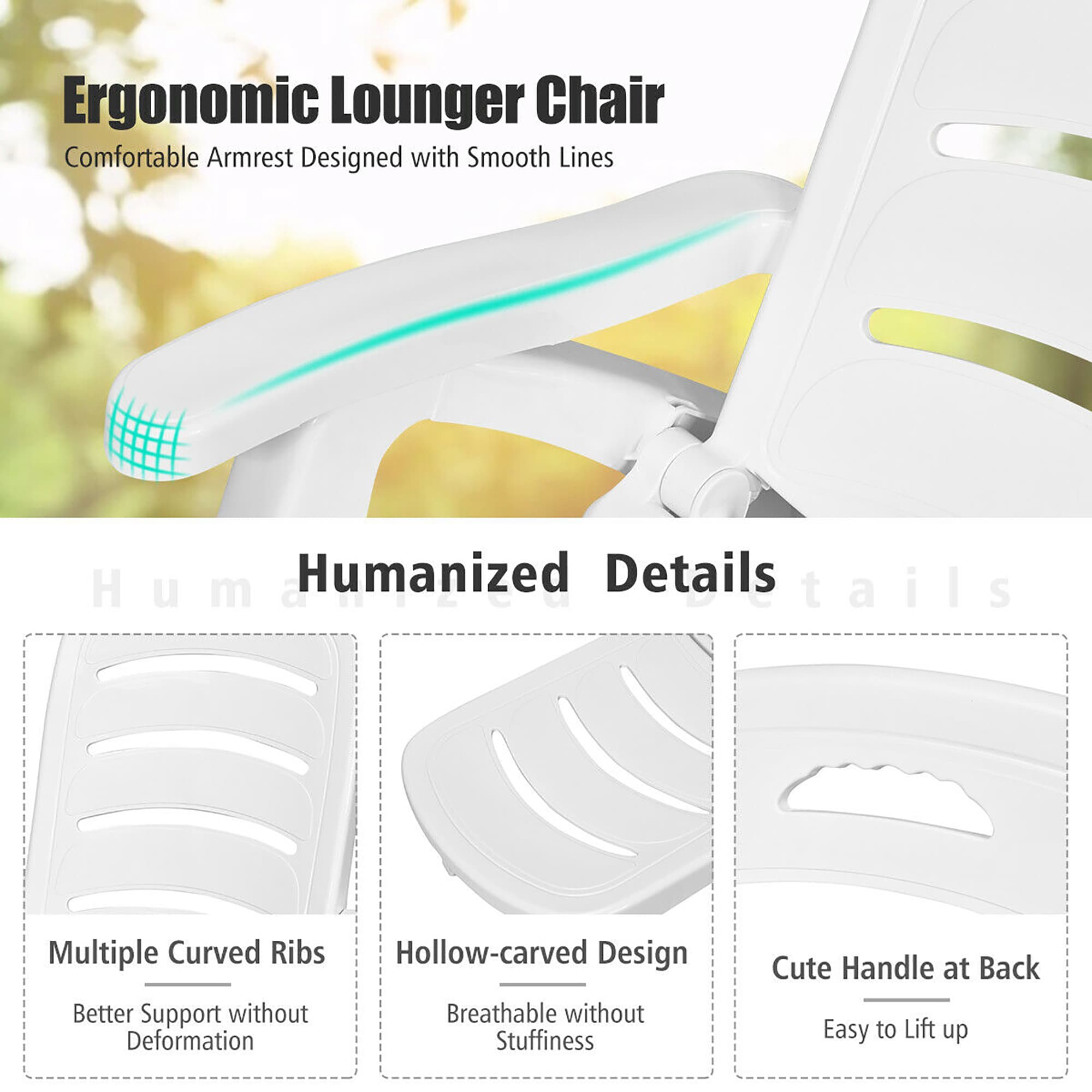 White Adjustable Folding Chaise Lounge Chair with Wheels