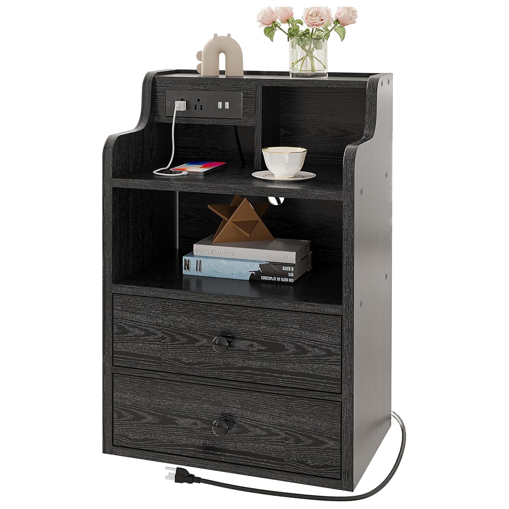 Likimio USAN1040466 17.7-in W Black Nightstand with LED Charging Station 2 Drawers and Storage Shelves