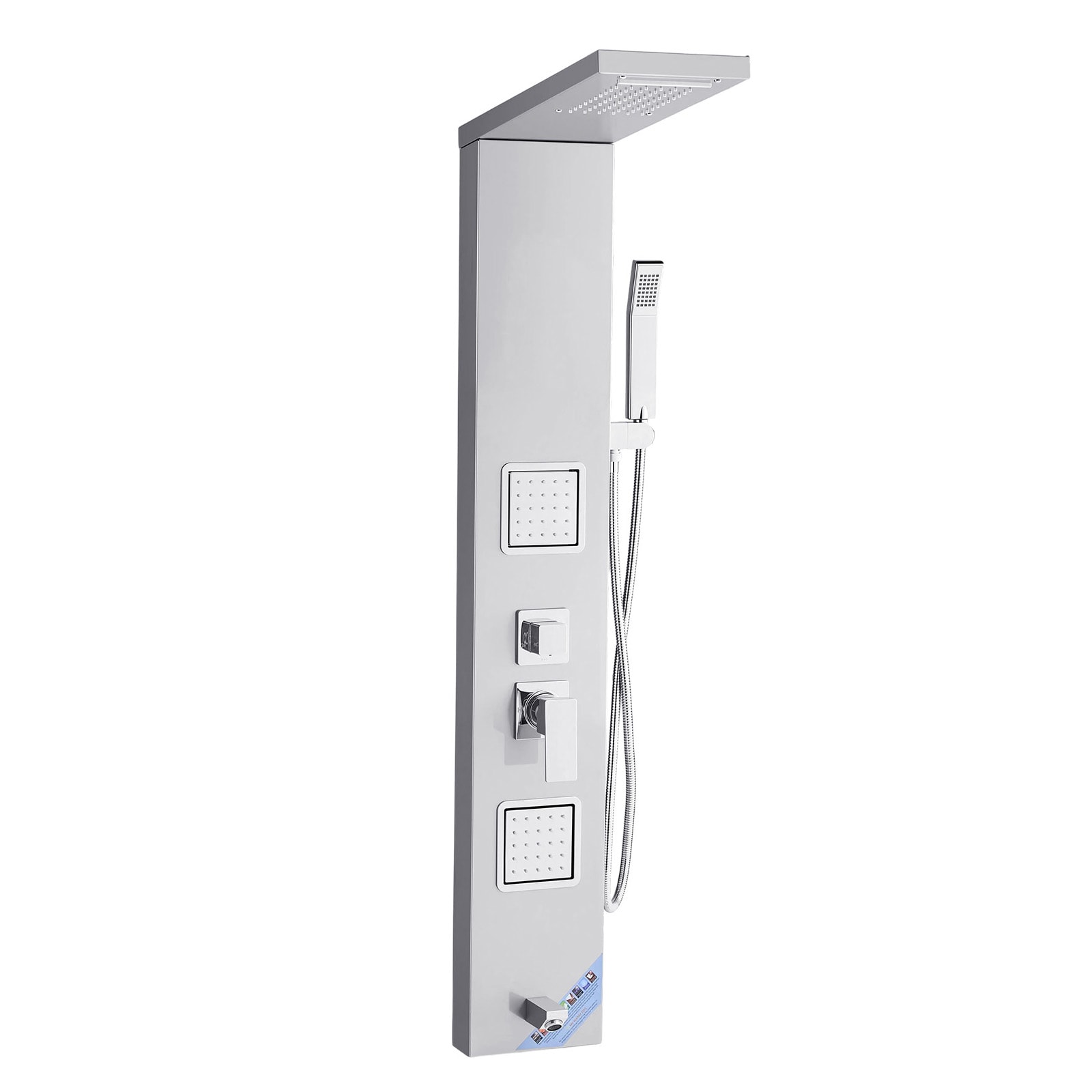 GIVIMO Brushed Stainless Steel Waterfall Shower Panel Tower System with Brass Mixing Valve (Valve Included) 53-in Wall-Mount Column 5 Water Outlets Rainfall Overhead Head 2 Large Adjustable Body Jets Handheld Sprayer on 59-in Hose and Tub Spout