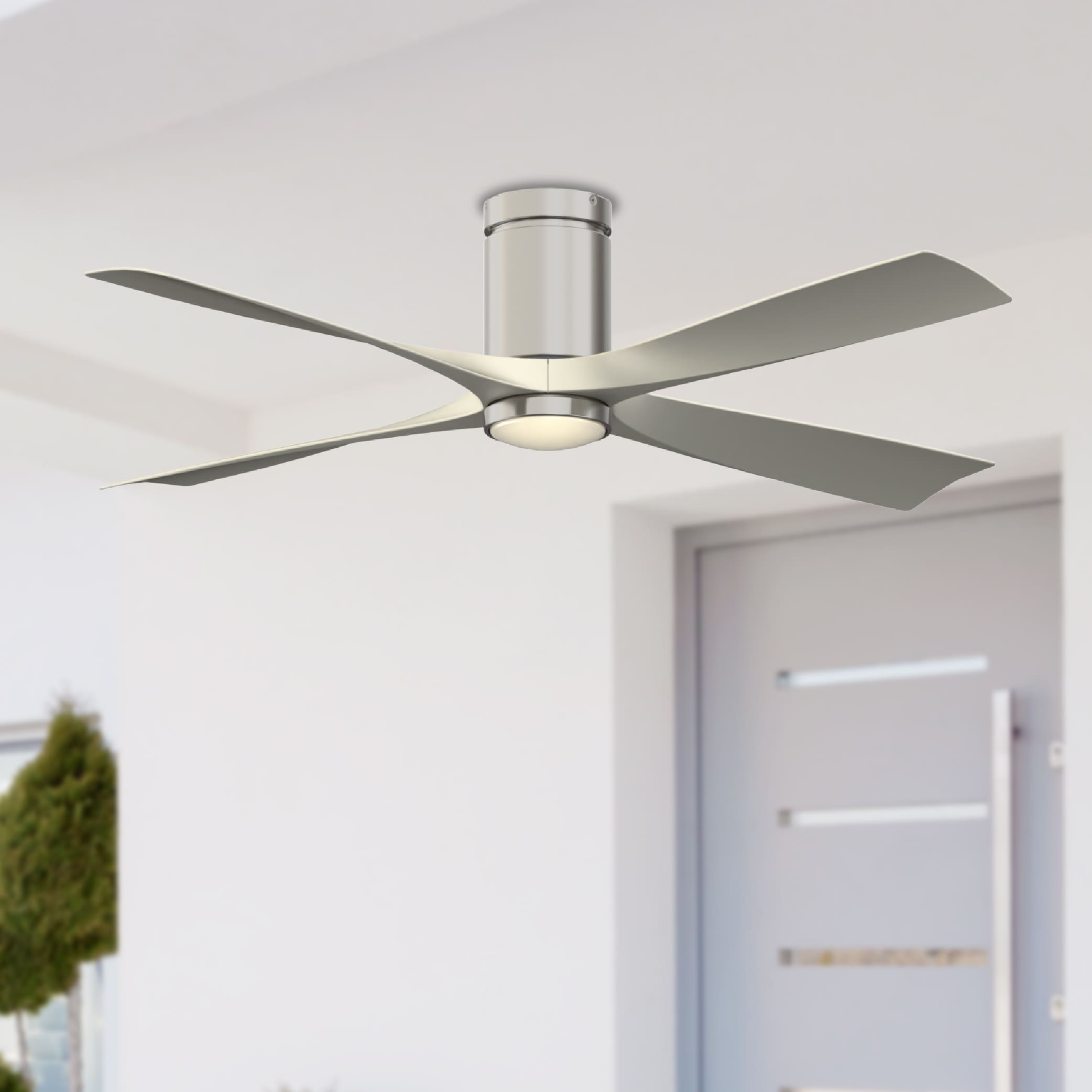 Fanimation Studio Collection LP6804LBN AireFlush 52-in Color-Changing Integrated LED Outdoor Flush Mount Brushed Nickel with Gray Blades Ceiling Fan With Light - Remote Included ( 4 -Blade )