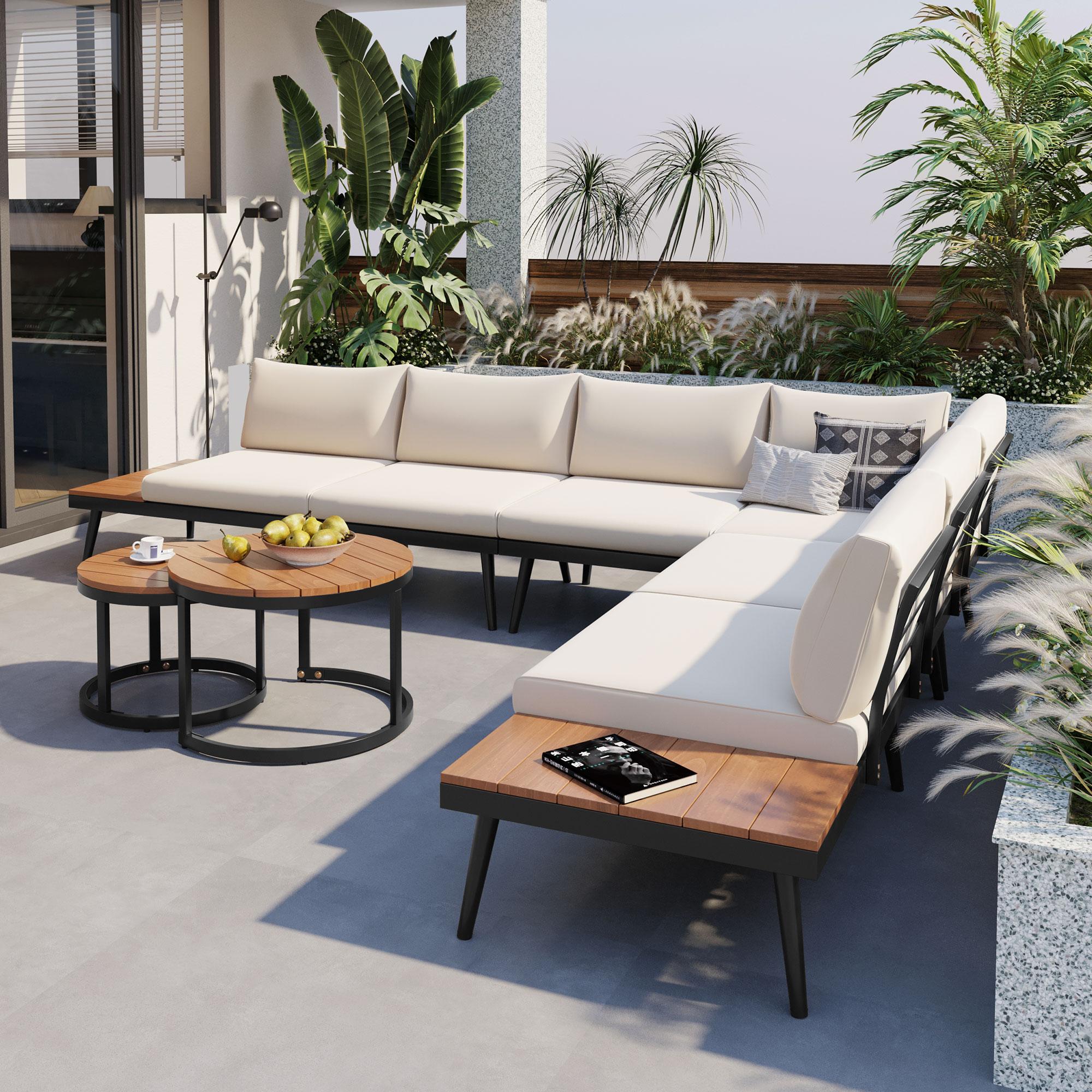 Bayfeve 6-Piece Rattan Patio Conversation Set with Off-white Cushions ...