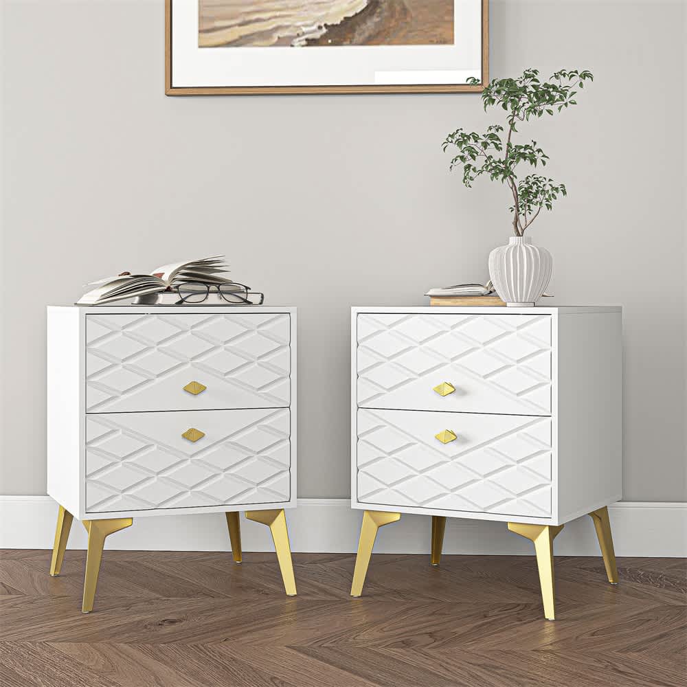 VERYKE LL-NSD051 Modern White and Gold Nightstand Set of 2 Bedside Tables End Side Table