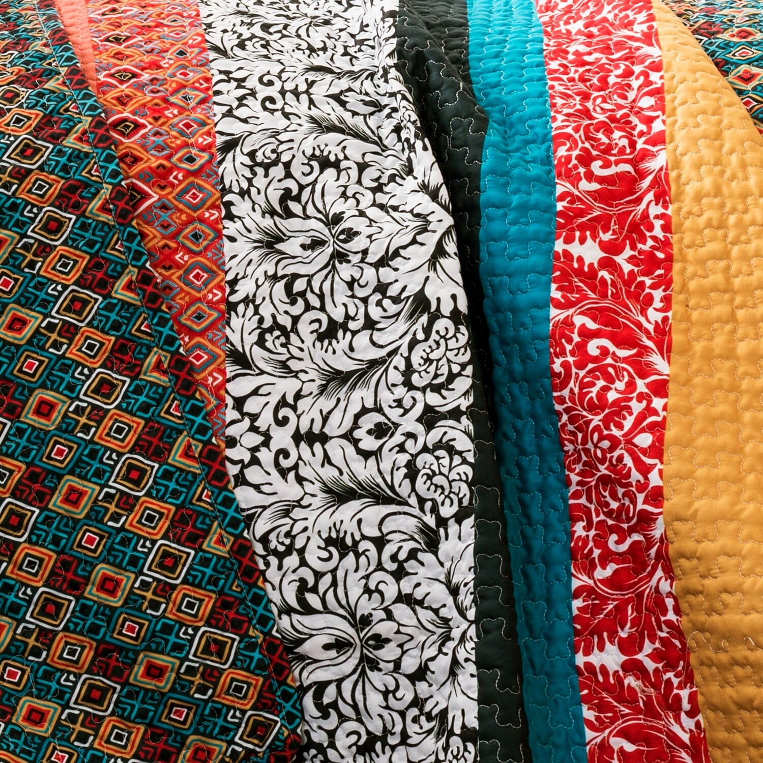 Boho Stripe Turquoise Tangerine Reversible Cotton Full Quilt Set