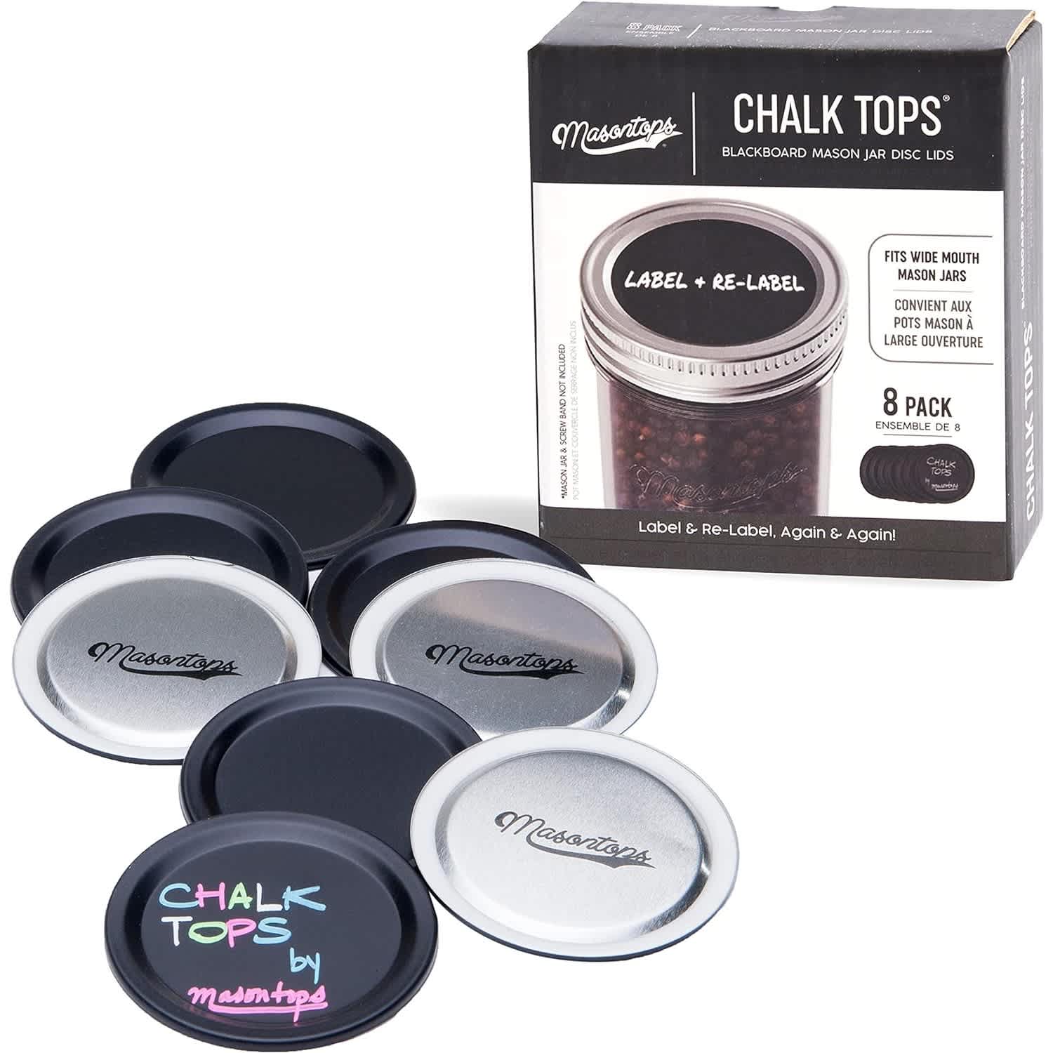 Lehman's 602877 Chalk Tops - Reusable Chalkboard Lids for Mason Jars - 8 Pack - Wide Mouth