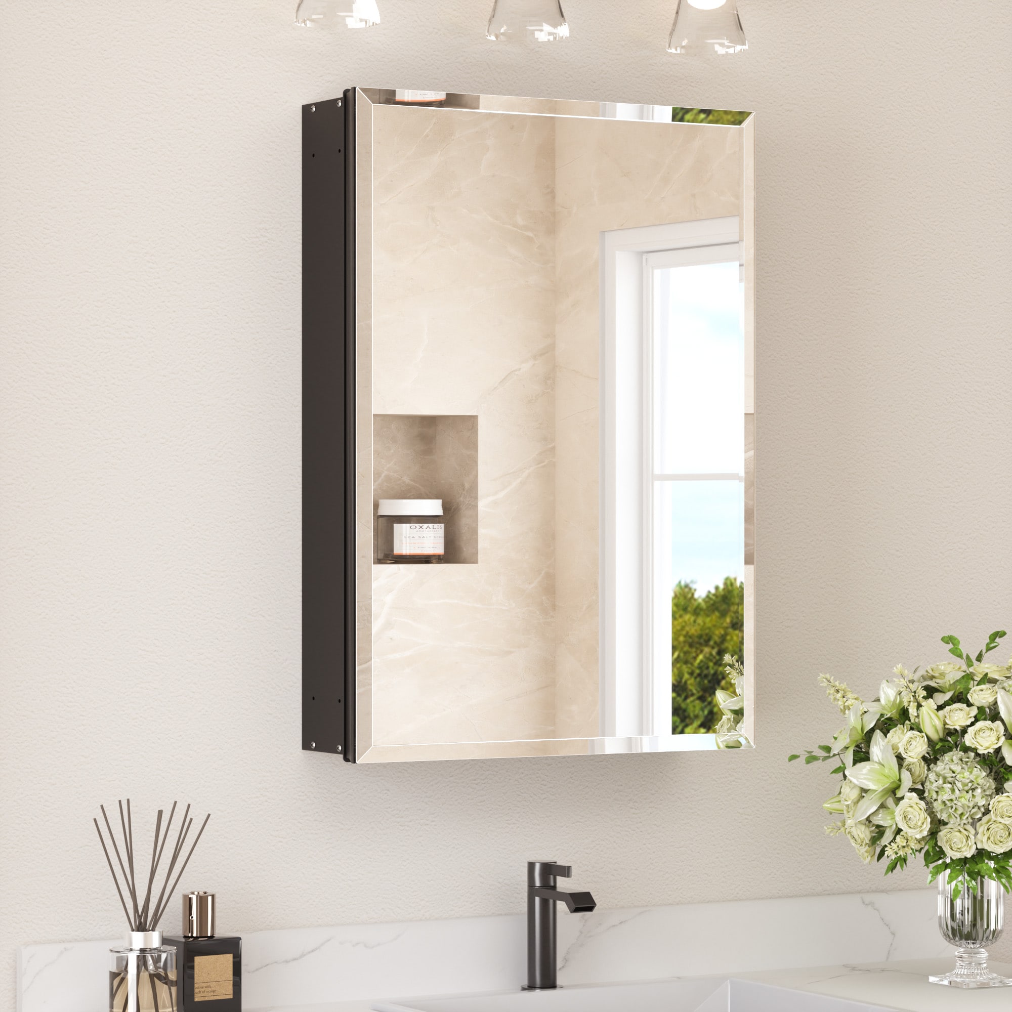 TETOTE - 20 x 28 in Black Frameless Surface/Recessed Aluminum Beveled Mirrored Rectangle Medicine...