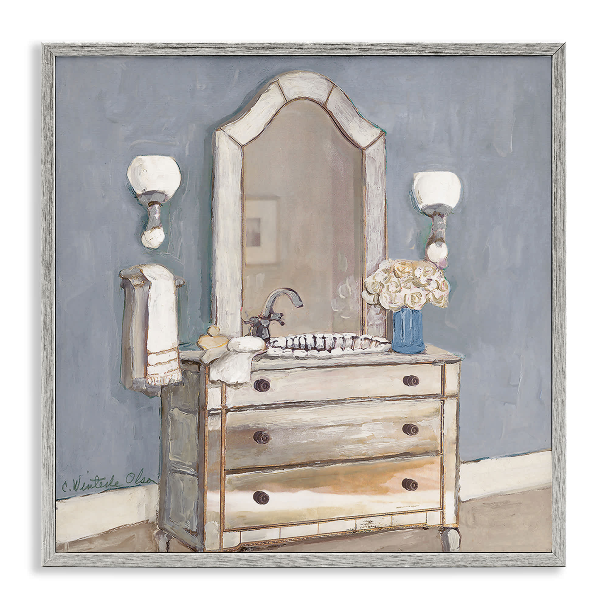 Stupell Industries BT-953-GFF-12X12 Bathroom Sink and Mirror Gray Framed Giclee Art By Charlene Olson 12 x 12