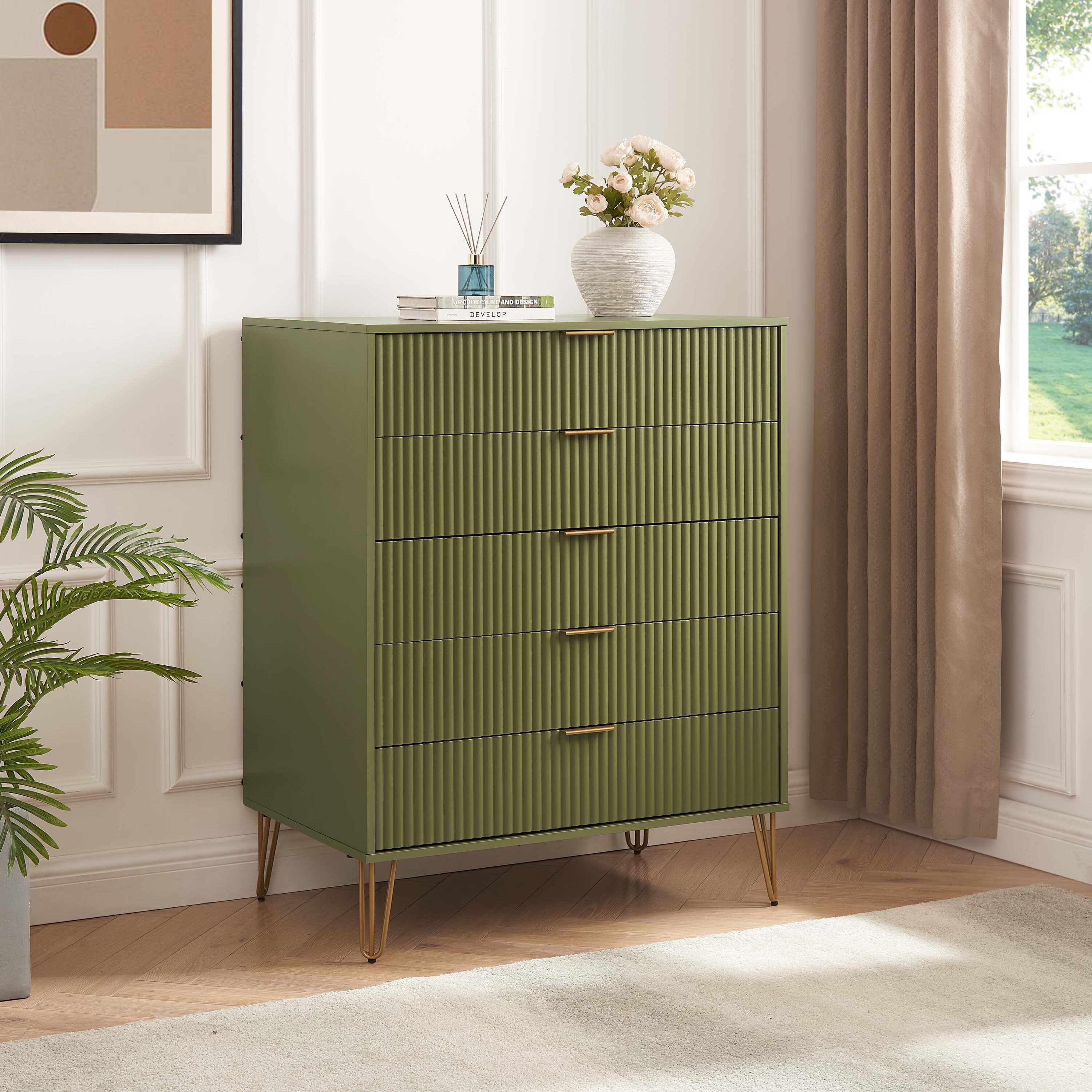 Manhattan Comfort DR002-OG Olive Green 5 -Drawer Standard dresser