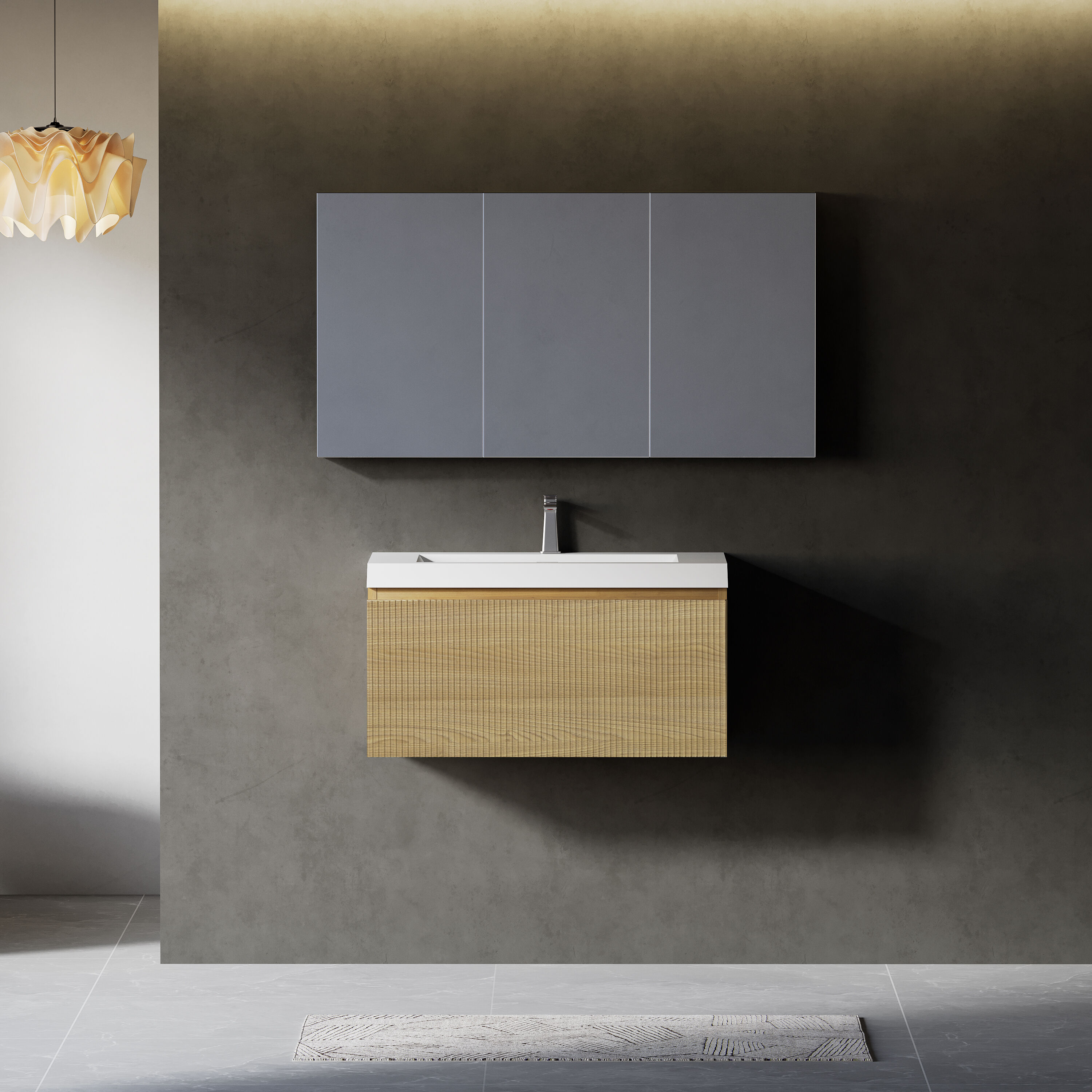 Tahanbath 30 Inch Natural Oak Modern Floating Wall-Mounted Striped Bathroom Vanity with Soft-Close Drawer Glossy White Solid Surface Basin