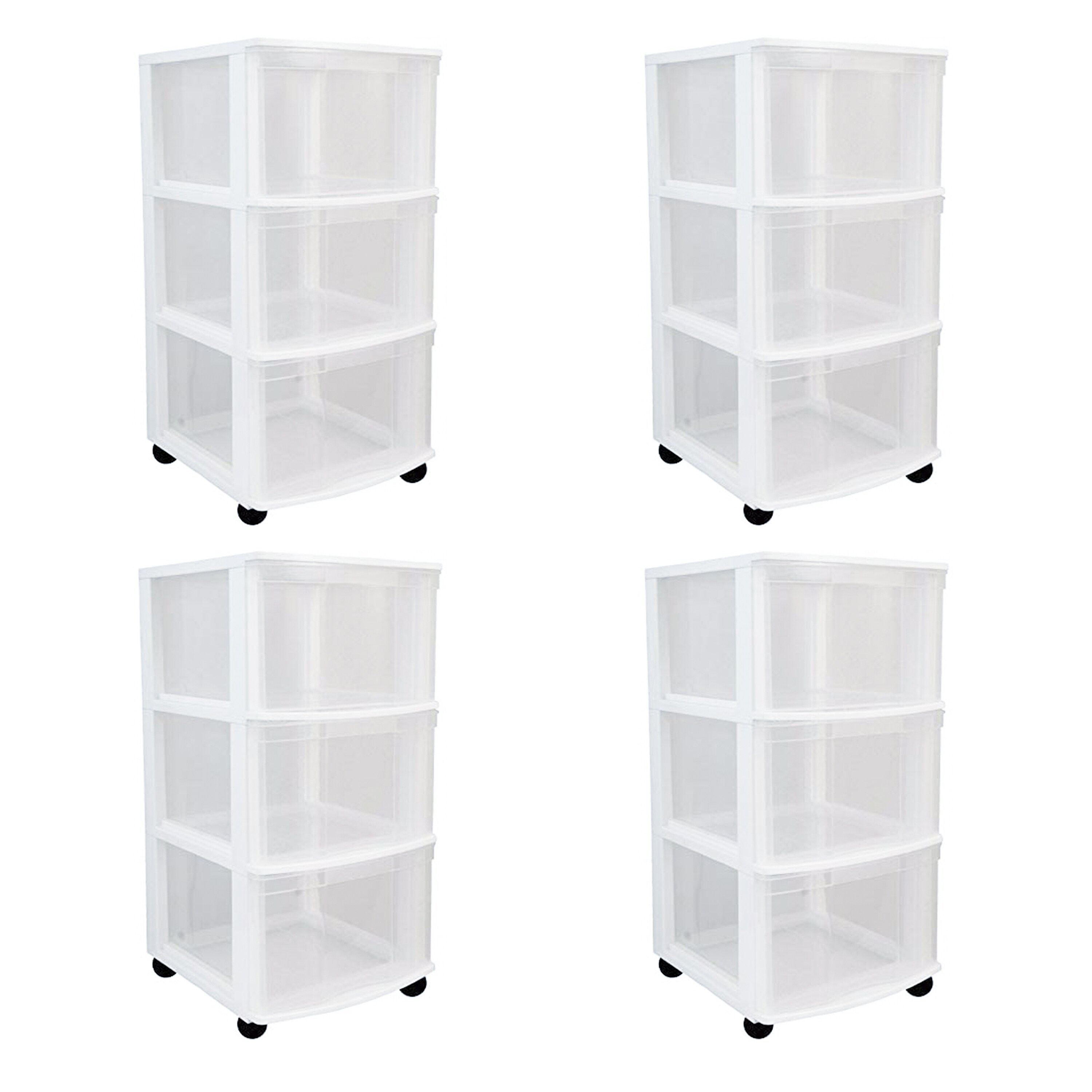 Gracious Living 279952 4 -Pack 3 -Drawers White Rolling Plastic Storage Drawer cart 24.25-Inches H x 12-Inches W x 13.25-Inches D
