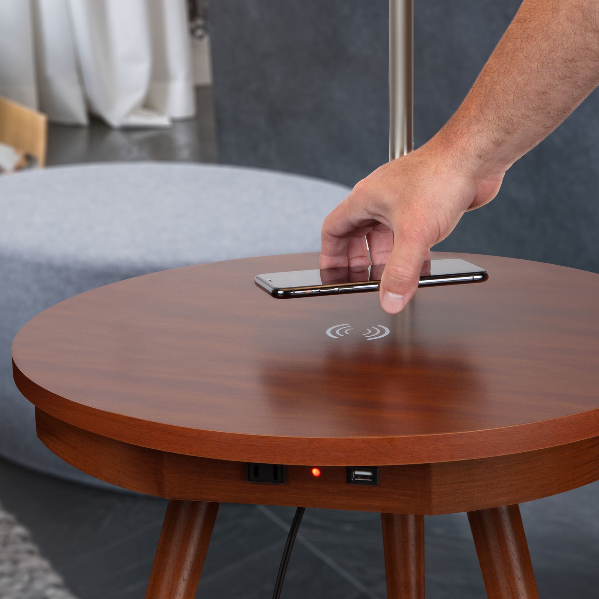 Owen Adjustable Tripod Floor Lamp with Built-In Table and USB Ports, Natural Wood & White