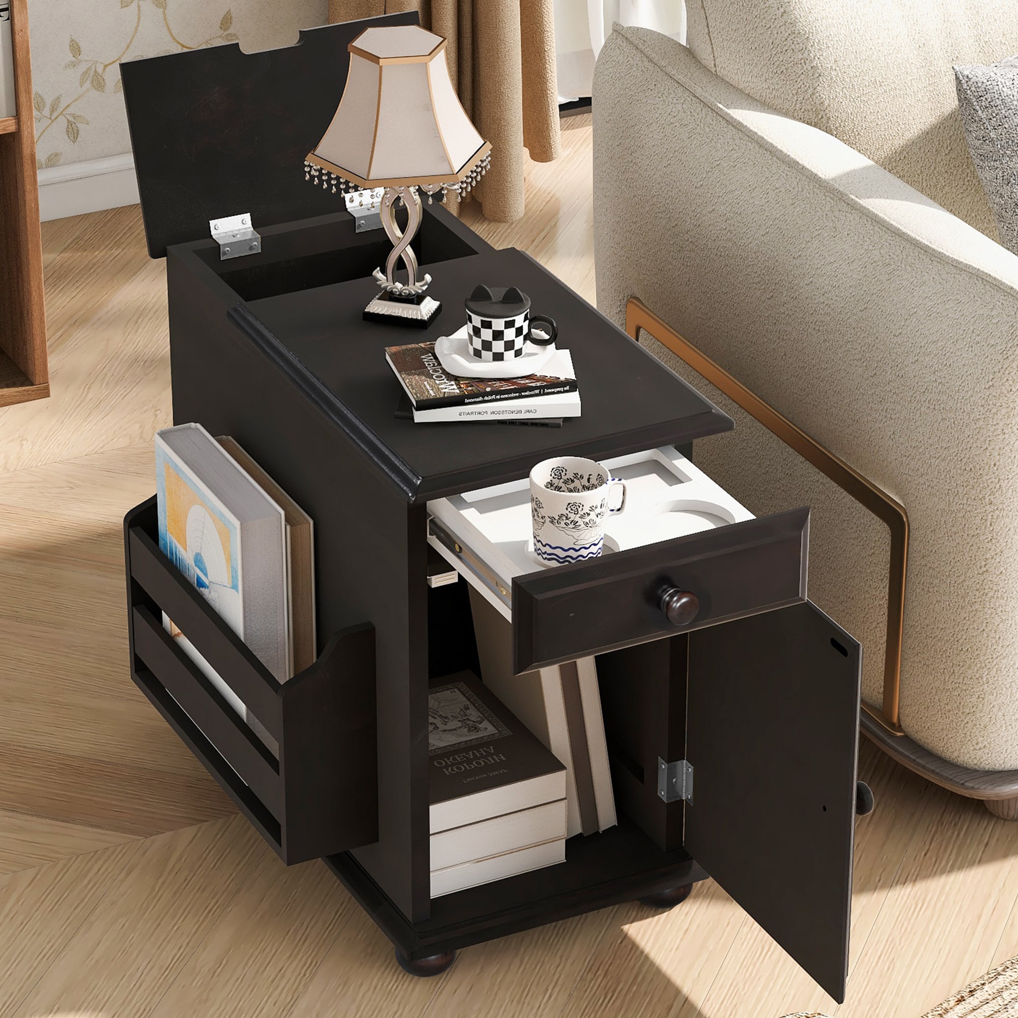 LOVMOR SF-Y-N724P293133P U-Can Vintage End Table Flip Top Side Table with USB Ports One Multifunctional Drawer with cup holders Sofa Couch Table with Bookshelf for Living room and Small Space