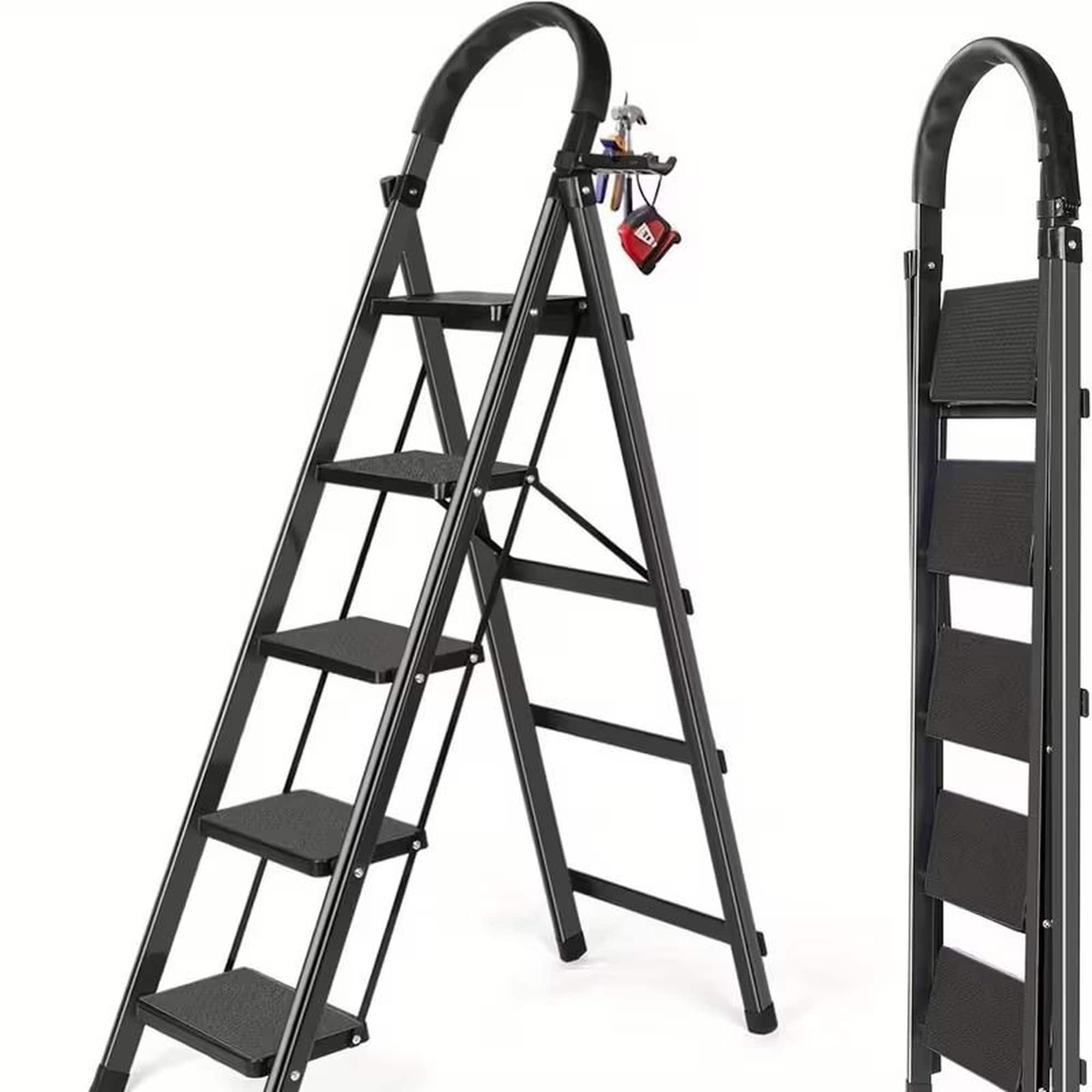 Wudkey 5 Step Ladder with Anti Slip Pedals Foldable Steel Step Stool with Tool Tray 300 lbs Capacity Portable Ladder