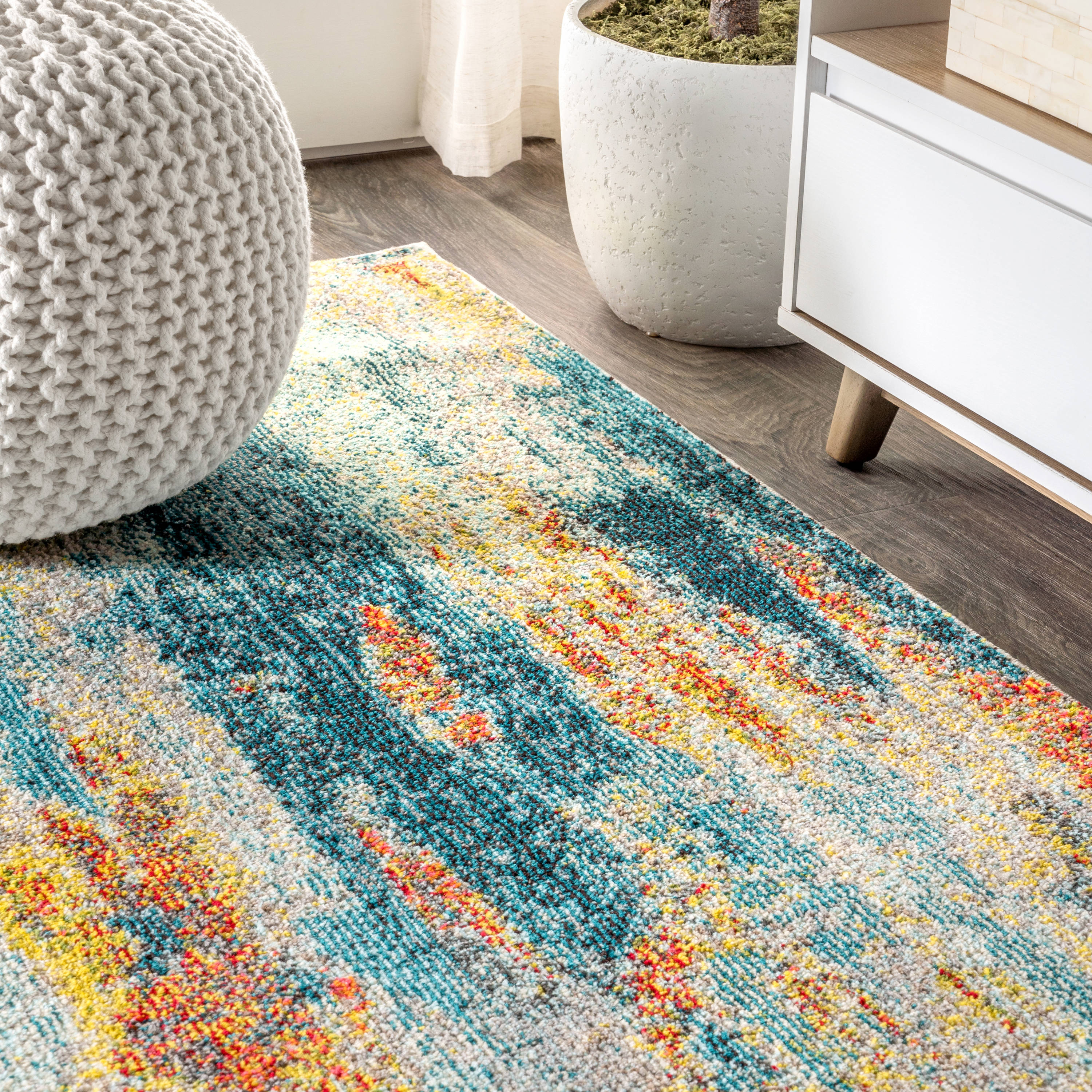 Hauteloom Liverpool Modern Abstract Bedroom Living Room Area Rug - Boho Carpet - Contemporary Bohemian Farmhouse - Grey, Off White, Blue, Yellow - 7'10 x 10