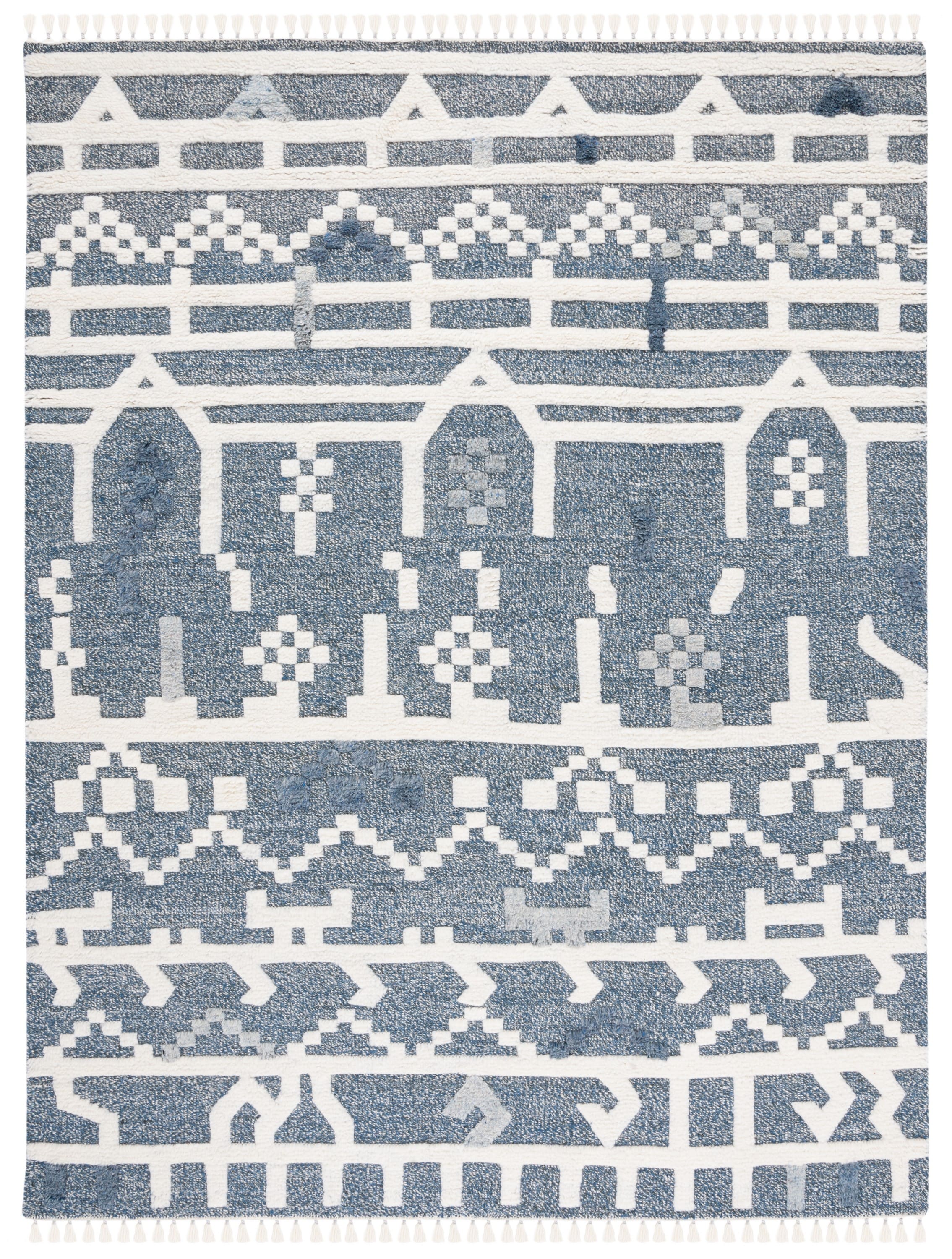 Blue and Ivory Hand-Knotted Wool Shag Rug, 8' x 10'