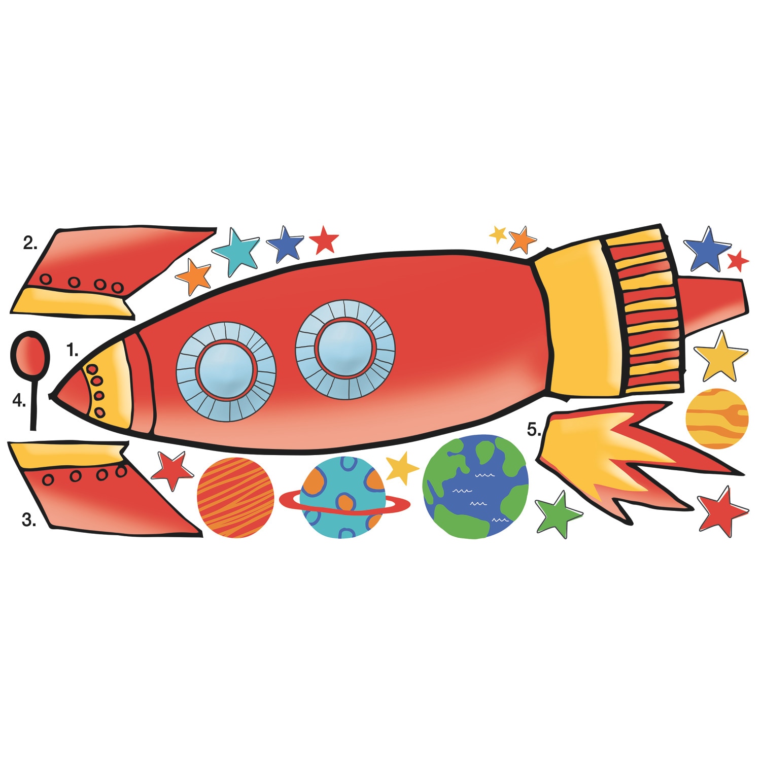 Colorful Rocket and Planets Peel and Stick Wall Decals