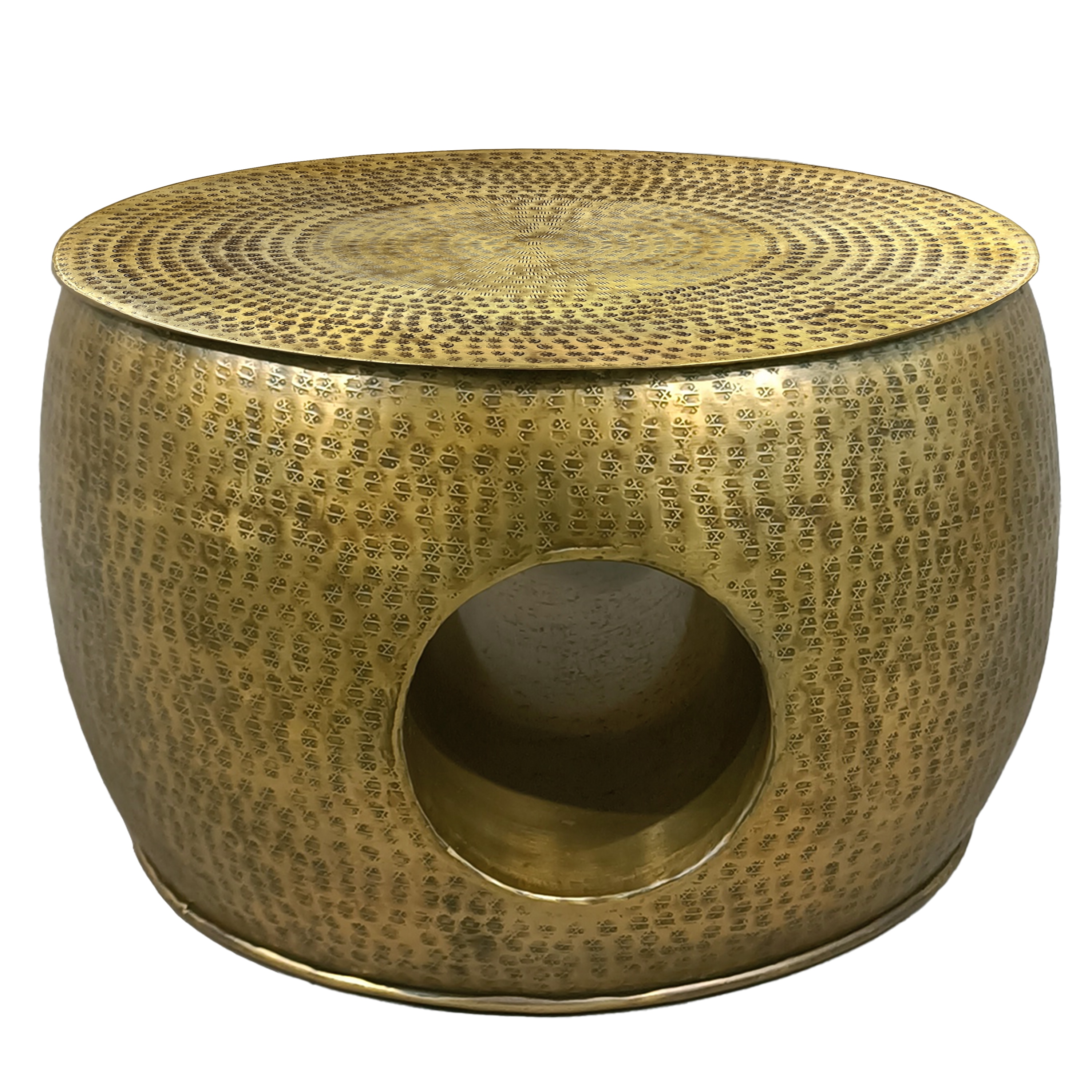 Antique Brass Round Metal Lift-Top Coffee Table with Hollow Center