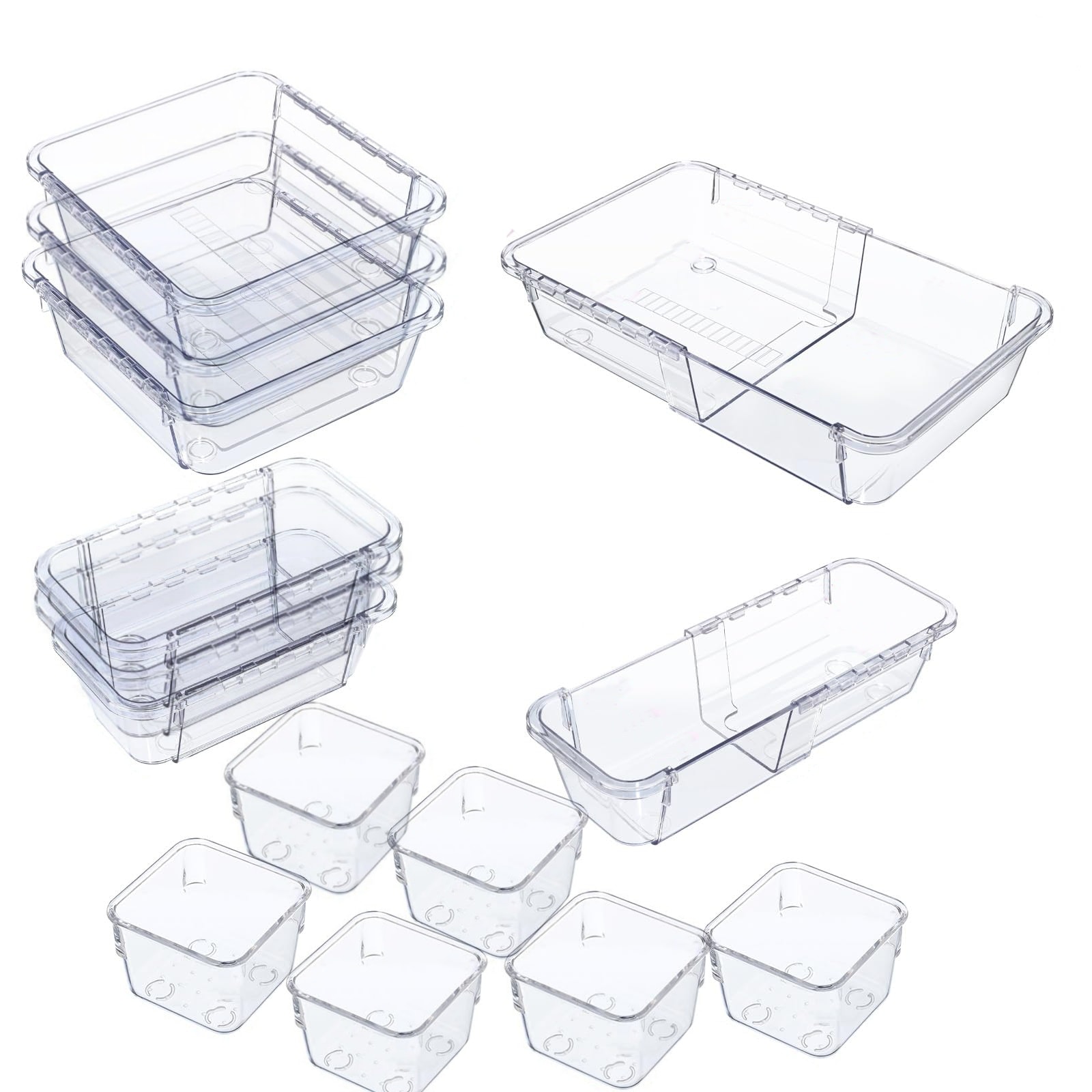 Etokfoks  White 14 Piece Adjustable Drawer Organizer Set 3 Sizes 7 10 4 x 6 2 x 2 2 in Clear PET Plastic Bins
