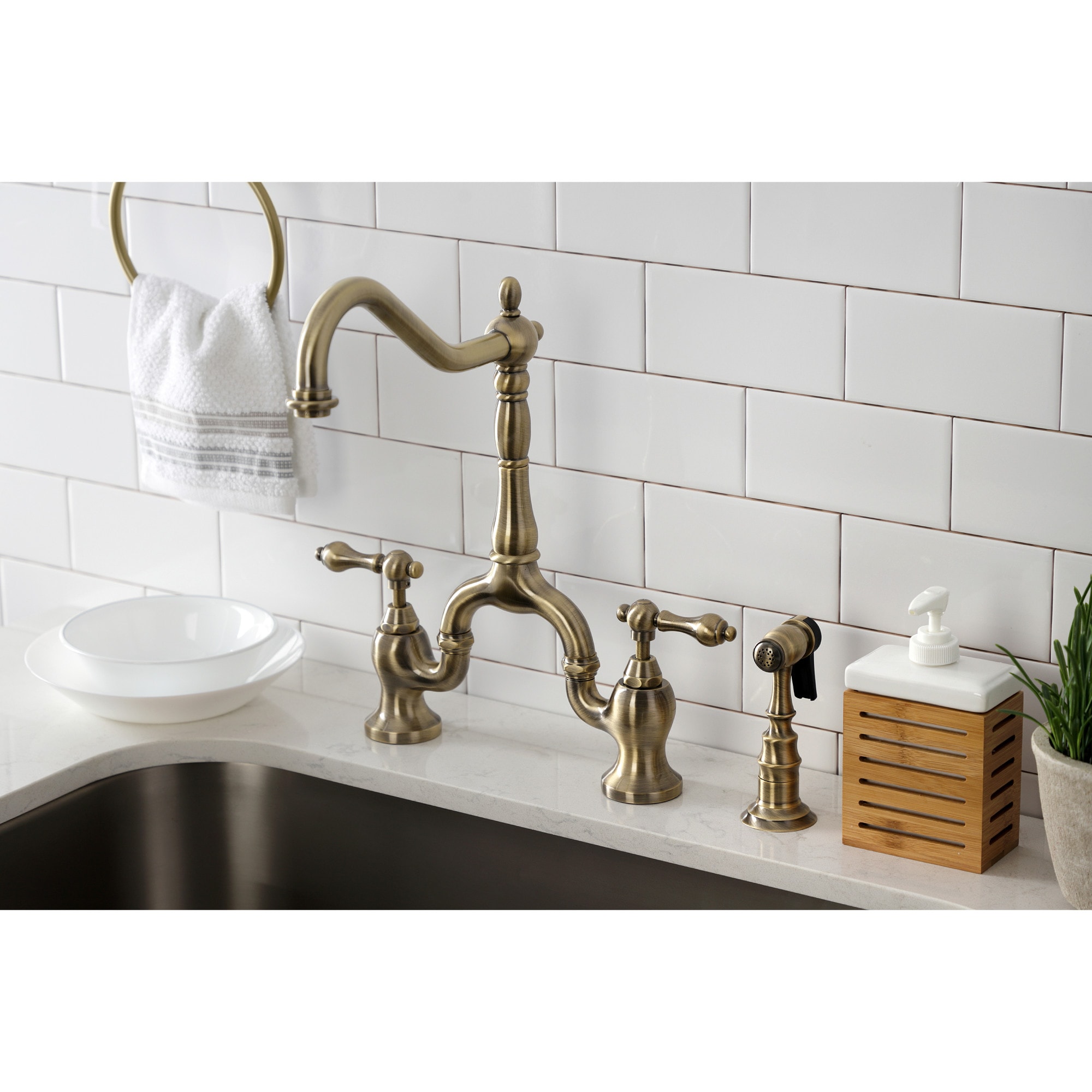 Kingston Brass WLKS7753ALBS English Country Antique Brass Double Handle Deck-mount Bridge Kitchen Faucet ( Side Sprayer Included )