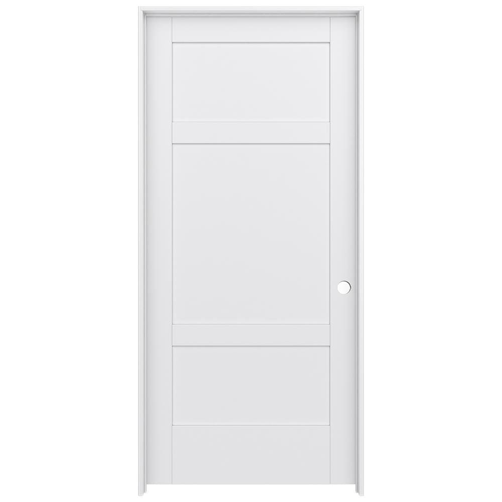JELD-WEN LOWOLJW221100753 36-in x 80-in Primed Solid core 3-panel square Left hand Smooth Primed MDF Flat Jamb Single Prehung Interior Door