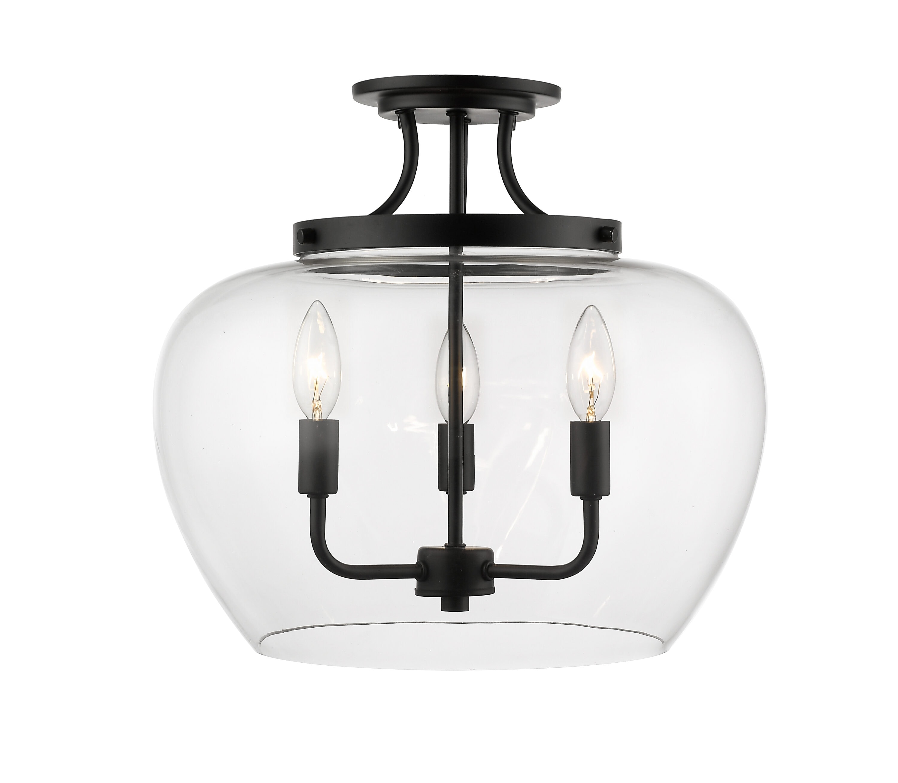 Matte Black Glass 3-Light Semi-Flush Mount Ceiling Fixture