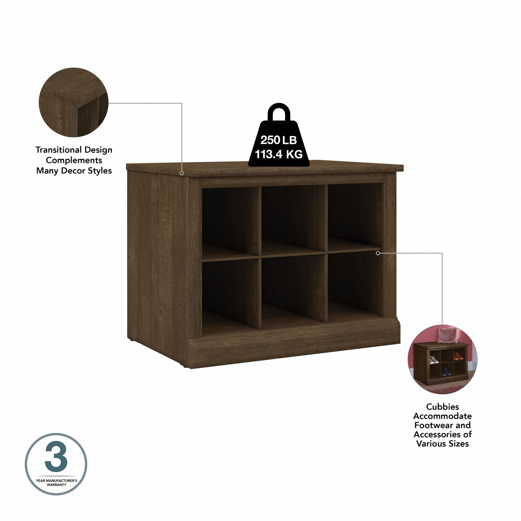 Ash Brown Engineered Wood Shoe Bench with 6 Storage Compartments