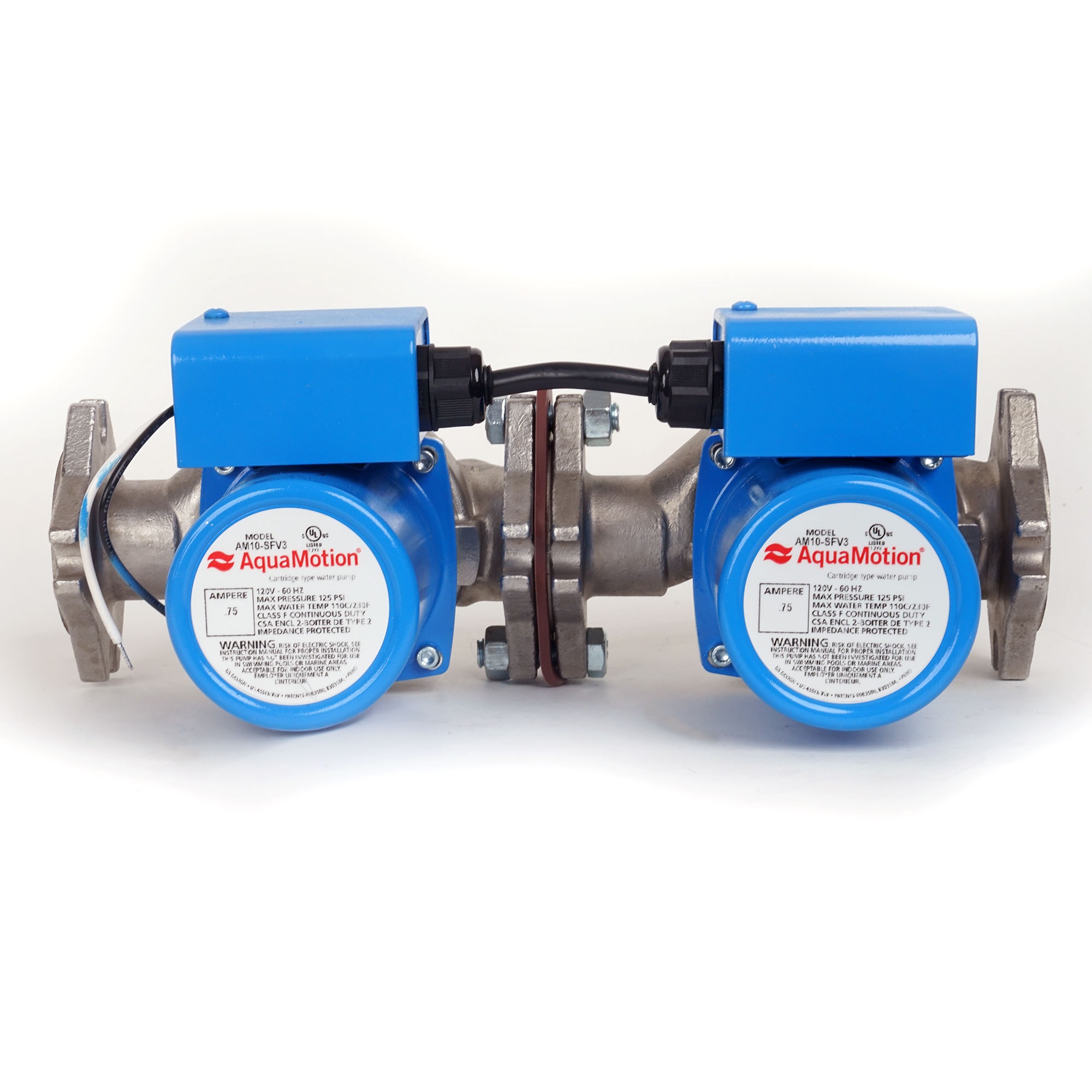 AquaMotion AM10-SFV3 The AM10-SFV3 features 2 bolt flange connections lead free stainless housing built in check valve Max head 24ft Max GPM 28 single speed pump