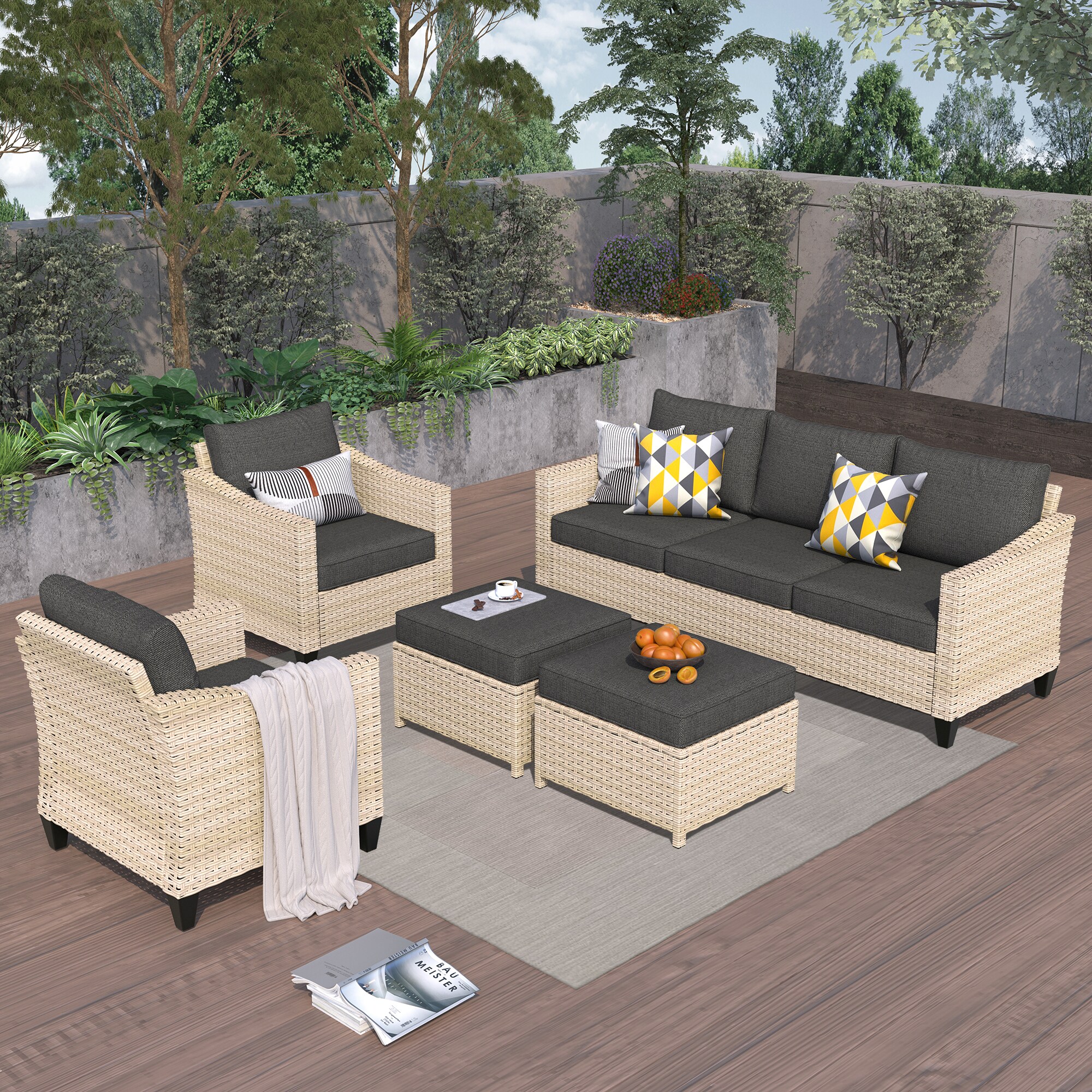 XIZZI XIDAR1052 Aries 5 -Piece Rattan Patio Sofa Conversation Set with Black Black Cushions