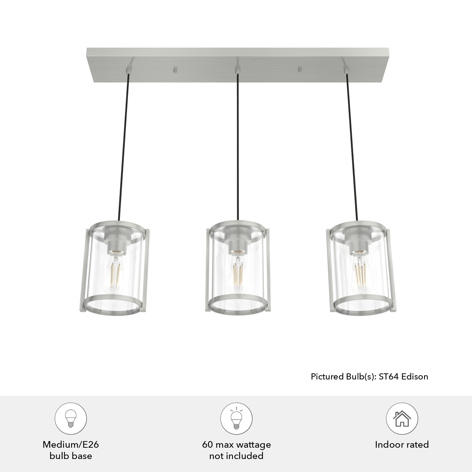 Hunter Astwood 3-Light Polished Nickel Modern/Contemporary Clear Glass Linear LED Large Hanging Chandelier