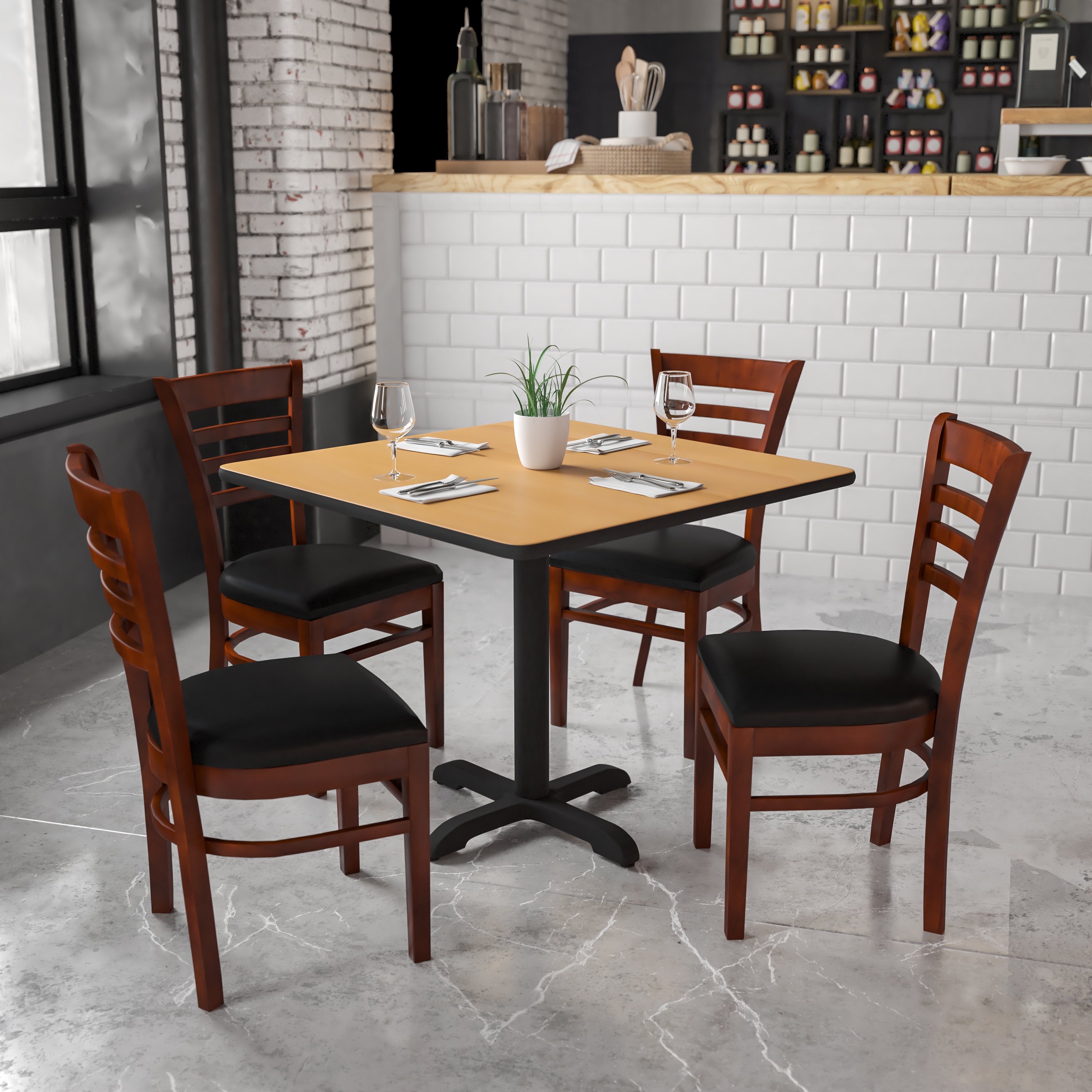 Mahogany Wood Ladderback Chair with Black Vinyl Seat