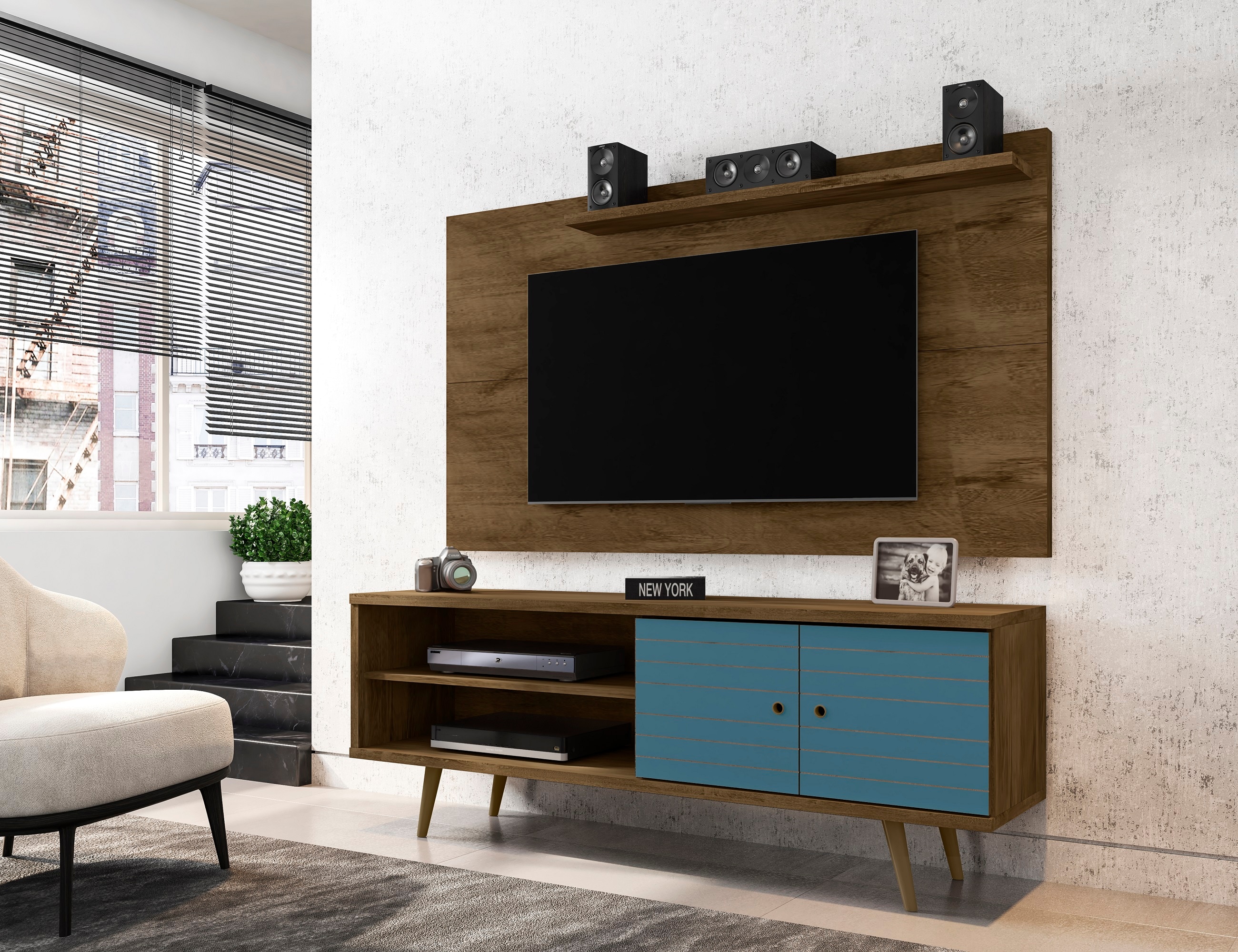 Manhattan Comfort 221-201AMC93 Liberty Modern/Contemporary Rustic Brown and Aqua Blue TV panel Integrated TV Mount ( Accommodates TVs up to 50-in )