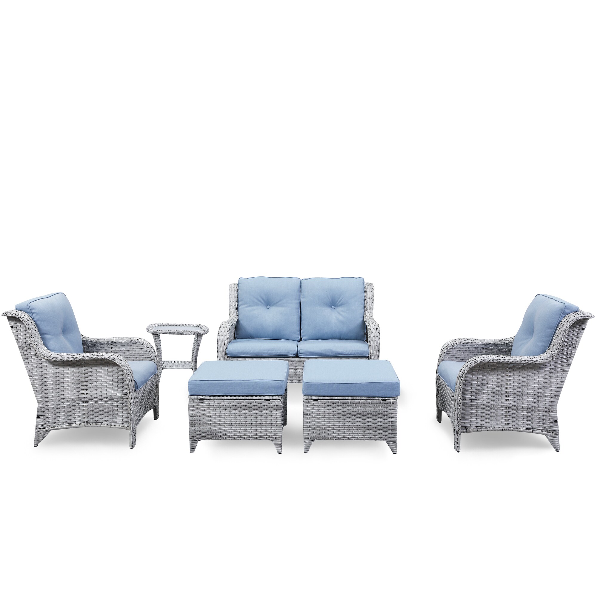 Rilyson FS076075078072-1BB Curved armrest 6 -Piece Wicker Patio Conversation Set with Blue Cushions