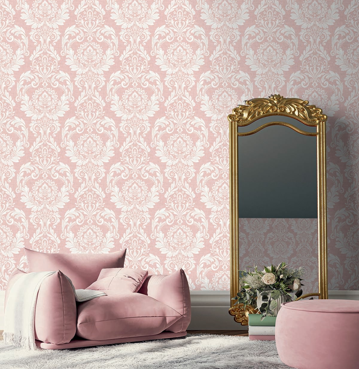 Light Pink Damask Self-Adhesive Repositionable Wallpaper