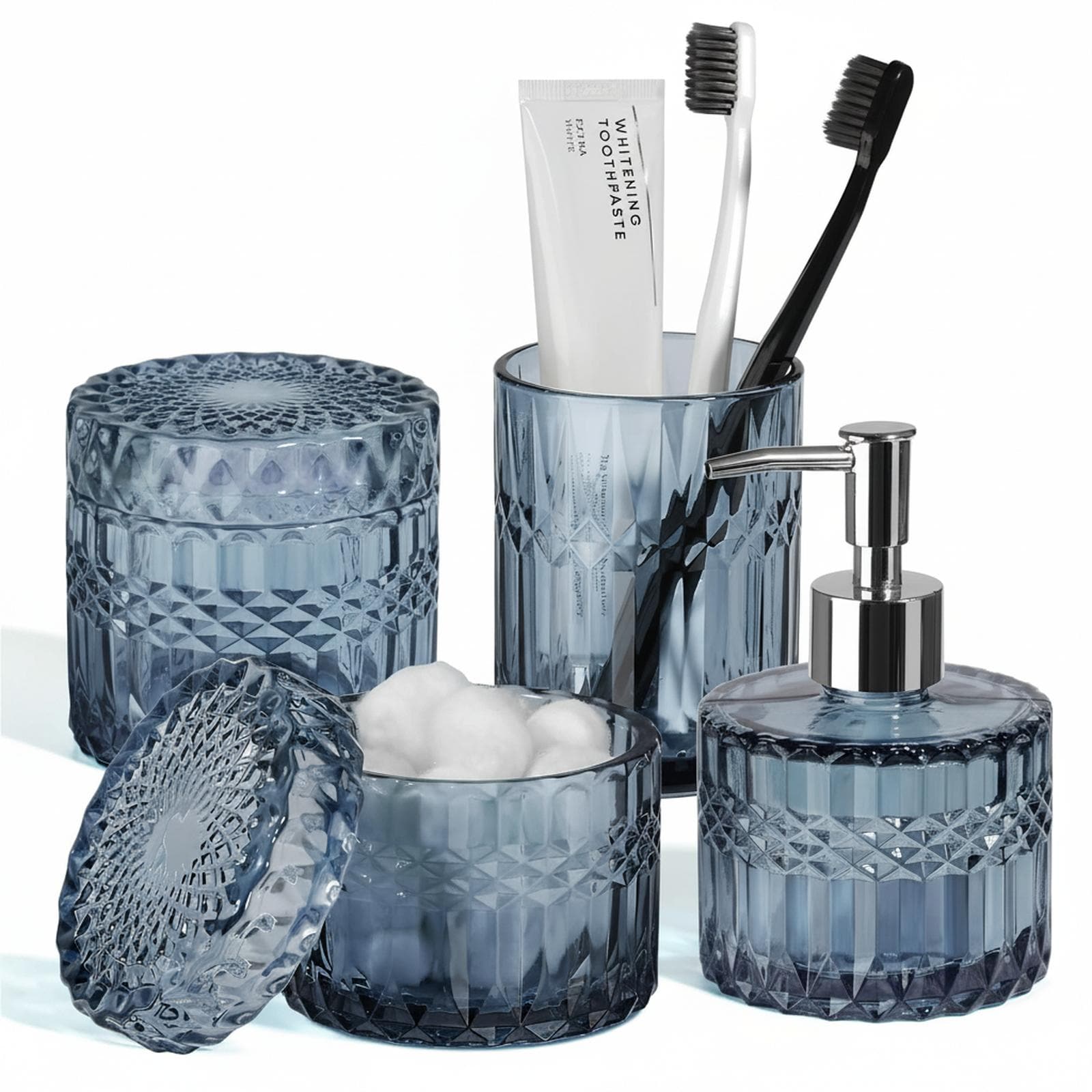 Paradigms Interiors Blue Glass Bathroom Accessory Set 4pcs with Soap Dispenser Toothbrush Holder Qtip Holders Diamond Pattern Organized Elegant #514068537366