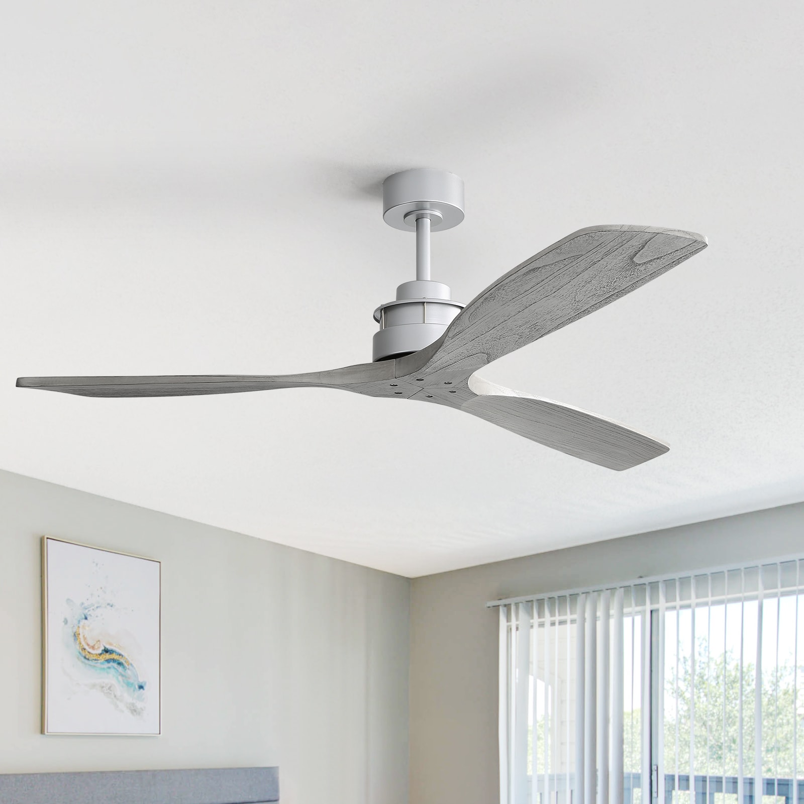 Sofucor LW-6005-1-SL-DC-WD 60 inch Silver Downrod Indoor Gray Wood 3 Blades Modern Ceiling Fan with Remote Control and Forward and Reverse Rotation Function