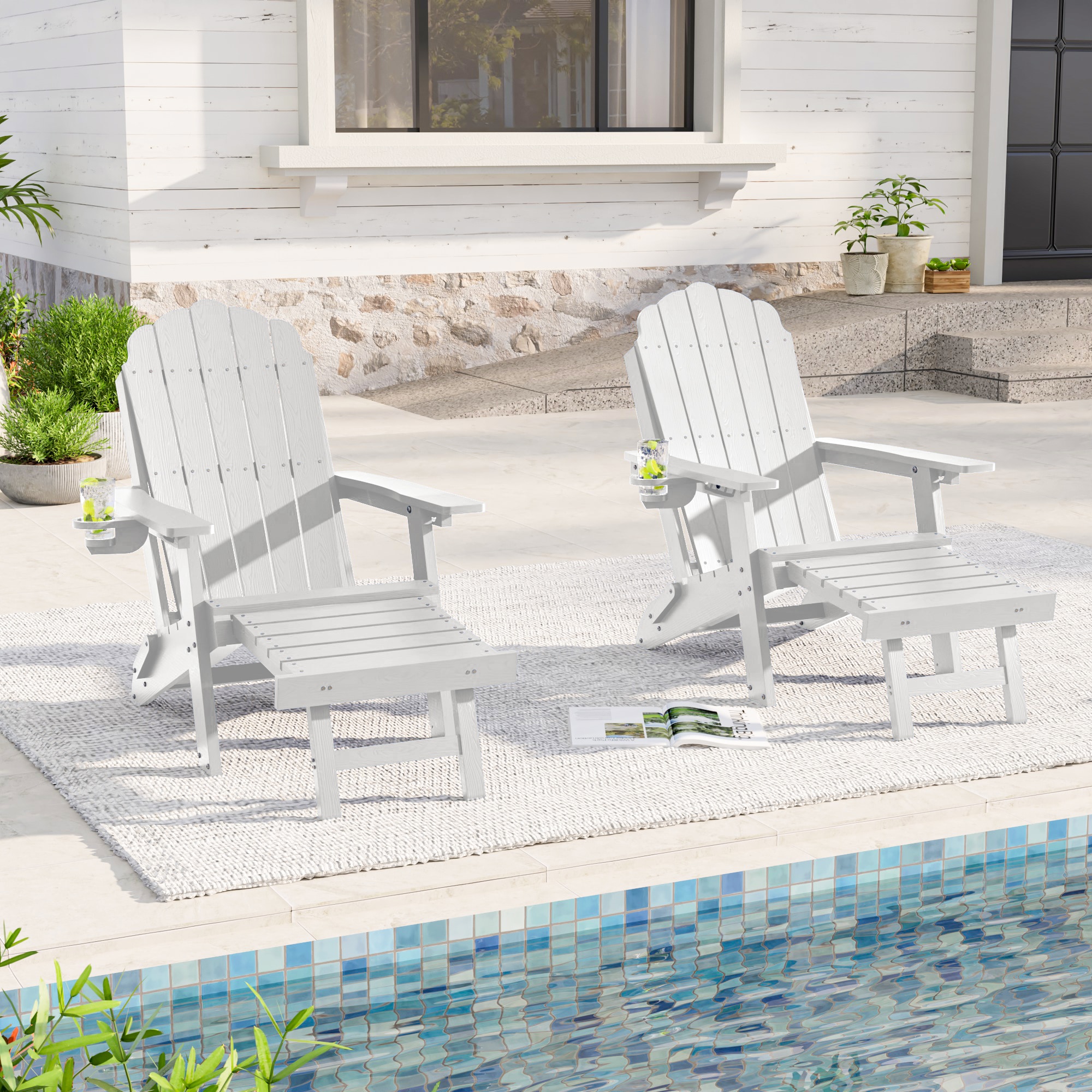 Rattaner - White Foldable Adirondack Chair with ottoman Set of 2 HIPS Frame Stationary Adirondack...