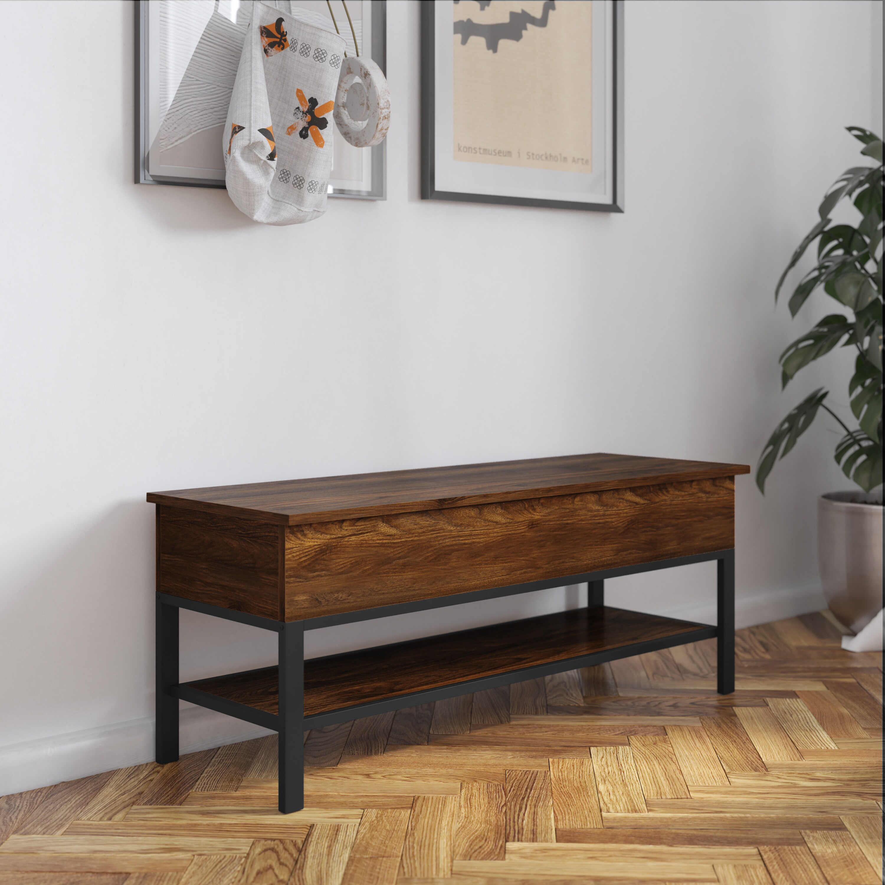Flash Furniture 840196329161 Wyatt Farmhouse Entryway Storage Bench with Lower Shelf Perfect for Entryway; Mudroom; or Bedroom in Walnut