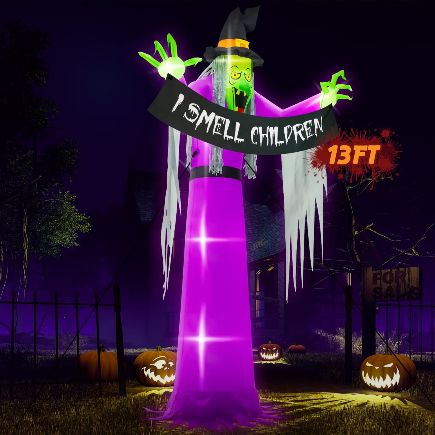 OGETFUUR 13-ft Witch Purple Halloween Outdoor Inflatable with I Smell Children Banner for Yard Garden