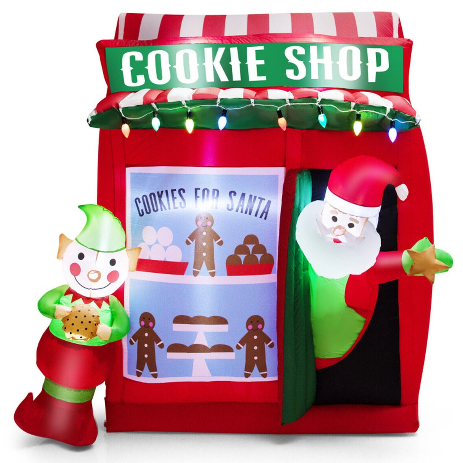 SUGIFT 6.3-ft Inflatable Gingerbread Cookie Shop with Santa String Lights 8 Ground Stakes and 4 Tethers