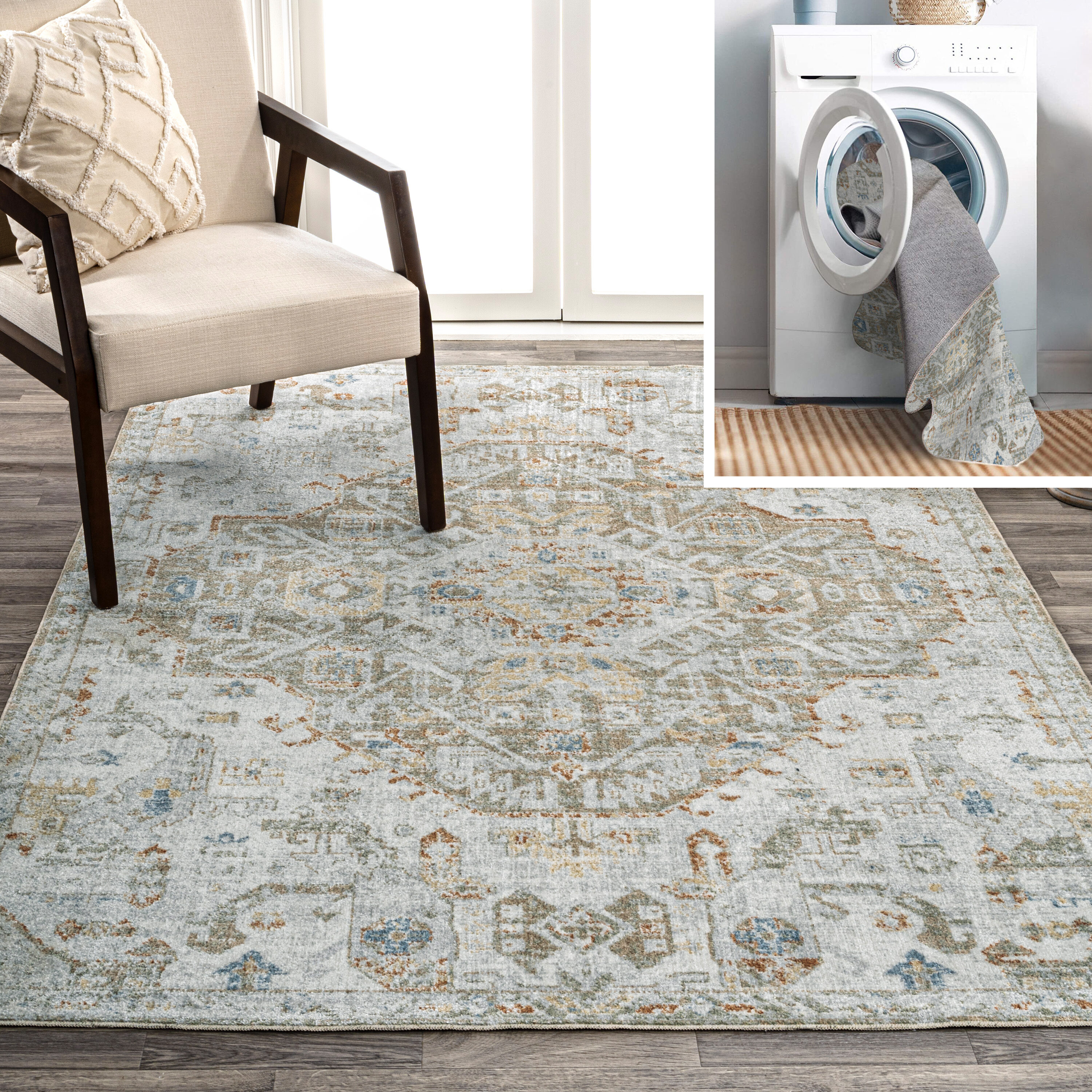 JONATHAN  Y WSH320A-4 WASHABLE Shaemus Bohemian Medallion Low-Pile 4 x 6 (ft) Loomed Polyester Cream/Brown/Green Rectangular Indoor Medallion Global Machine washable Area rug
